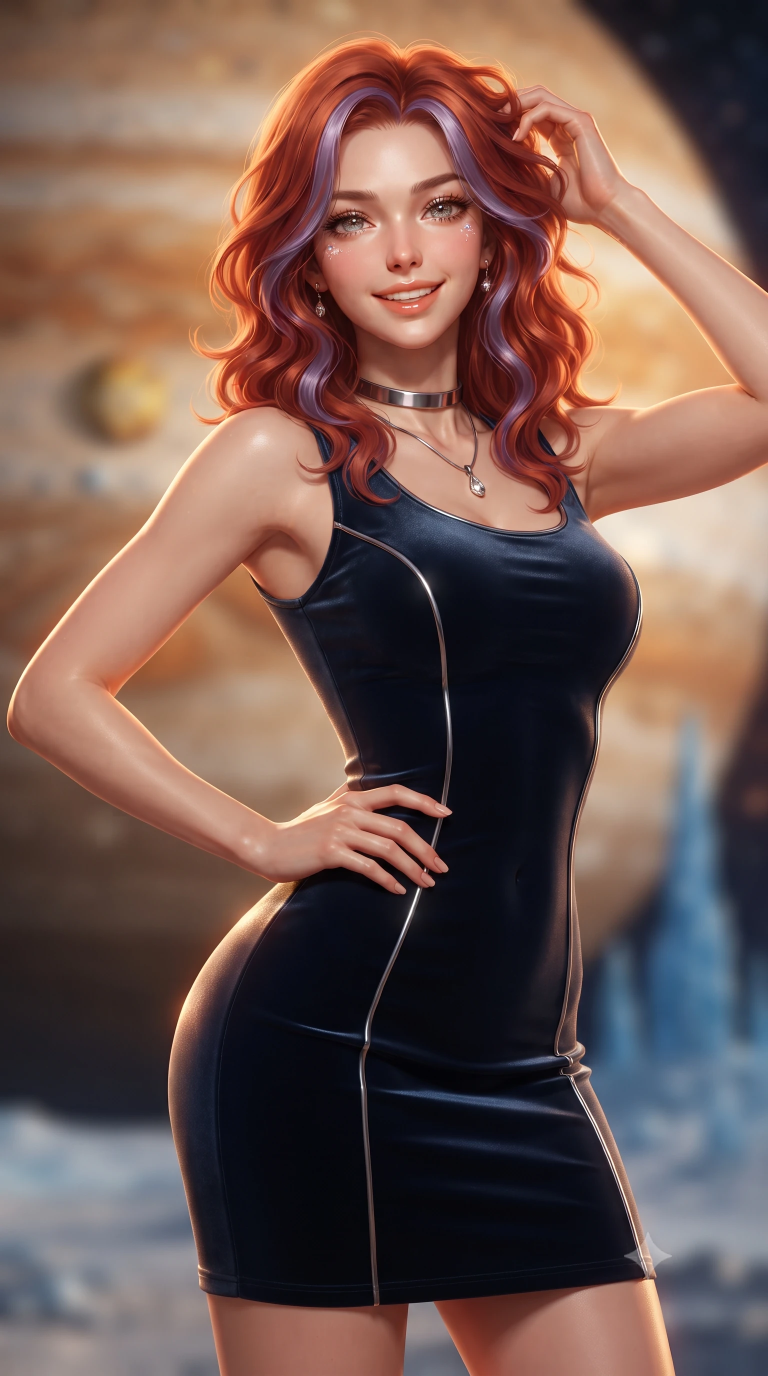 score_9, masterpiece, best quality, ultra-detailed, high-budget anime keyframe, editorial fashion photography, tasteful artistic composition, Caucasian woman. close-up cowboy shot from the waist and thighs up, the character dominates the composition, filling the frame with her large presence. twisting her slender torso in an alluring contrapposto stance, one hand resting on her sculpted hip while her fingers toy with her hair with effortless poise while twisting her slender torso in an alluring contrapposto stance, rich amber and cream Jupiter-light painting dynamic highlights across her narrow waist and curvy hips. The background shows a soft-focus monumental amber and terracotta bands of Jupiter, shadow of Io on the giant planet, and blue ice spires blurred into amber, cream, and cobalt bokeh. She has an exceptionally elegant, slender, and willowy female figure with an ultra-slim waist, flat toned midriff, narrow ribcage, and sculpted feminine hips creating an alluring, slim hourglass silhouette without bulk. sharp v-shaped jawline, high-bridge nose, intricate jewel-like sparkling eyes with depth, thick eyelashes, glossy parted lips with a natural peach sheen, bright cheerful beaming smile with an enchanting and coquettish sensual glint, exuding both youthful cute charm and seductive allure, flawlessly proportioned anatomical accuracy, strict slender model proportions, natural body alignment, perfectly sculpted long slender limbs, ultra-slim waistline, clean dynamic posture without body distortion. wearing a tailored liquid velvet combat sheath dress with subtle metallic piping following her feminine curves without bulk in tactical carbon navy and polished chrome, tailored from high-density tech-wool with subtle metallic thread weave, finished with a minimalist chrome choker and a single teardrop diamond pendant, the second-skin tailored fabric adhering flawlessly to her sculpted flat midriff and slender torso, emphasizing her long leg lines and perfectly proportioned willowy build. bathed in the warm radiant 3000K glow of reflected Jupiter-light contrasted with the pitch-black starfield. ultra-reflective glossy finish, specular highlights, rich textural contrasts, high-contrast stereoscopic depth, volumetric dynamic lighting, 2k, ultra detail, master piece, 9:16 ratio