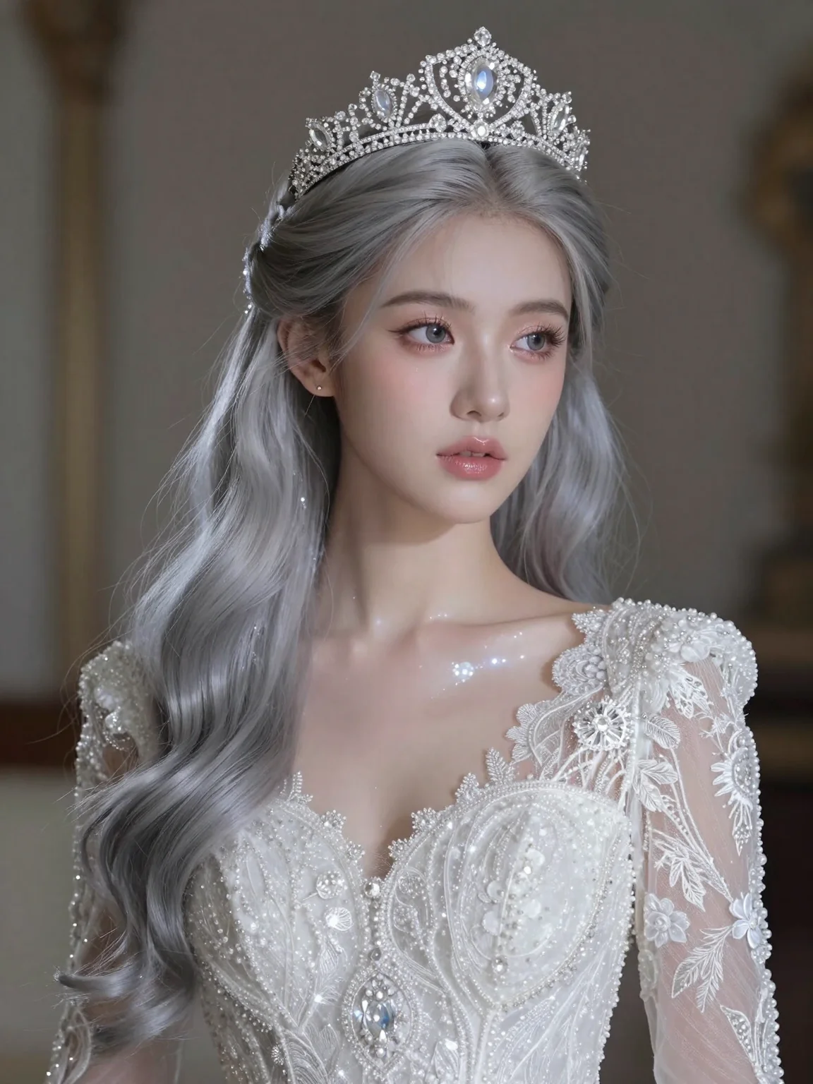 (masterpiece:1.2), best quality, royal aesthetic, (1girl:1.3), breathtakingly beautiful woman, long silver hair, diamond tiara, (skin glowing like moonlight:1.1), white lace wedding gown, elegant and sophisticated, soft focus, 2k, ultra detail, 3:4 ratio
