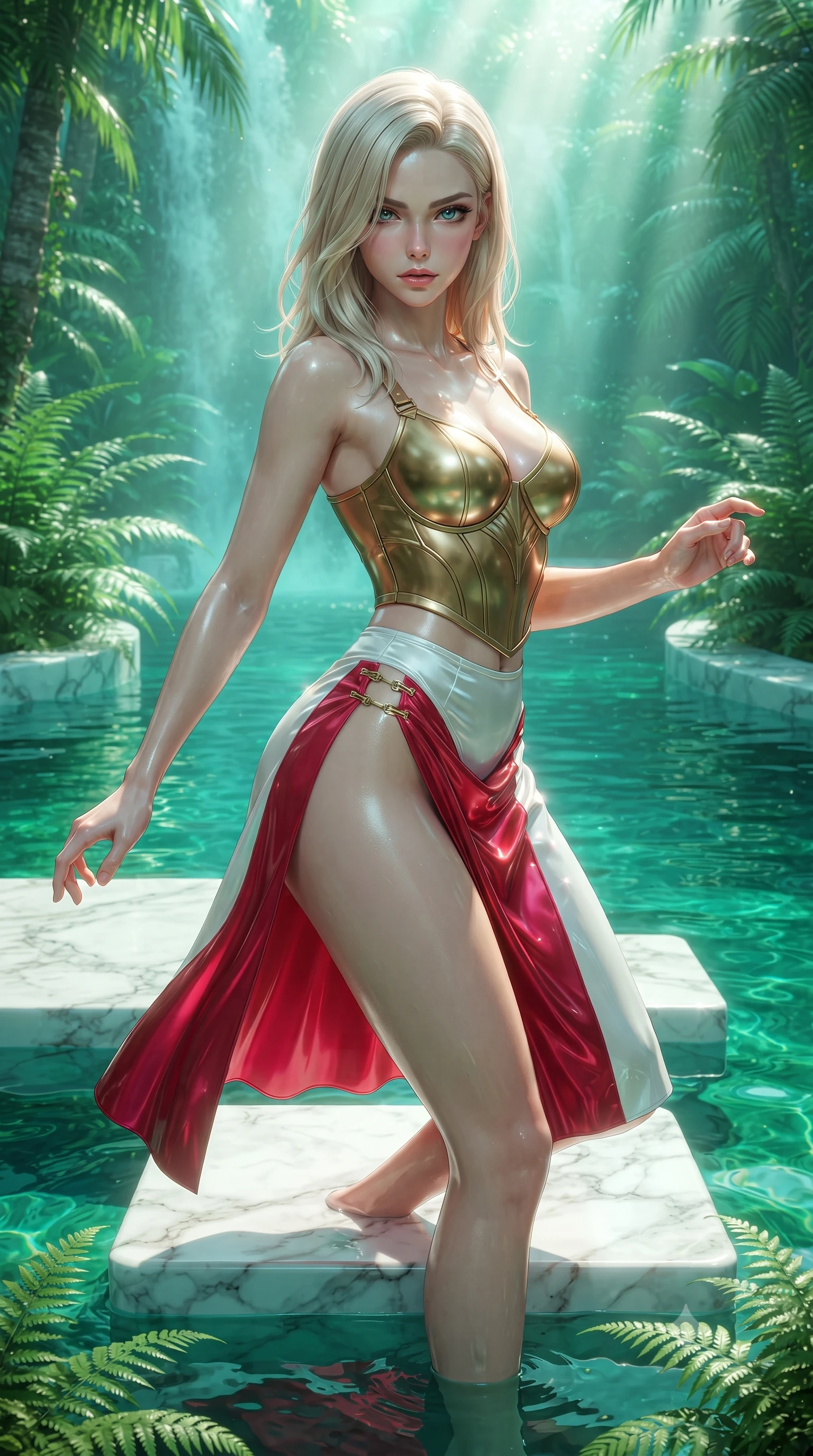 score_9, masterpiece, best quality, ultra-detailed, high-budget anime keyframe, editorial fashion photography, tasteful artistic composition, Caucasian woman. close-up cowboy shot from the waist and thighs up, the character dominates the composition, filling the frame with her large presence. gazing directly into the lens with bedroom eyes and a breathtaking, dangerous allure that commands the entire composition while pivoting dynamically on a submerged marble stepping stone as sunbeams penetrate the crystal pool. The surrounding environment is rendered in vivid detail and crisp panoramic clarity. intricate white marble stone veins, crystal-clear emerald water pools, and lush tropical ferns in deep focus. She has an exceptionally elegant, slender, and willowy female figure with an ultra-slim waist, a gracefully sculpted slender torso, toned flat midriff, and a refined slim silhouette. sharp v-shaped jawline, high-bridge nose, intricate jewel-like eyes with depth, thick eyelashes, glossy lips with a natural sheen, flawlessly proportioned anatomical accuracy, strict slender model proportions, natural body alignment, perfectly sculpted long slender limbs, ultra-slim waistline, clean dynamic posture without body distortion. wearing a sculpted golden breastplate bodice paired with high-cut white satin briefs and a fluid draped side skirt in radiant crimson silk and crisp snow white, formed from high-gloss patent material with specular light reflections, finished with an ultra-high side slit secured by miniature magnetic clasps, the glove-like aerodynamic second-skin fit tightly clinging to her ultra-slender waist and athletic curves without adding bulk, accentuating her razor-sharp statuesque lines and slim hourglass silhouette. bathed in bright morning sunbeams penetrating waterfall mist with radiant green and cyan ambient glow. ultra-reflective glossy finish, specular highlights, metallic sheen, high-contrast stereoscopic depth, volumetric dynamic lighting, 2k, ultra detail, master piece, 9:16 ratio
