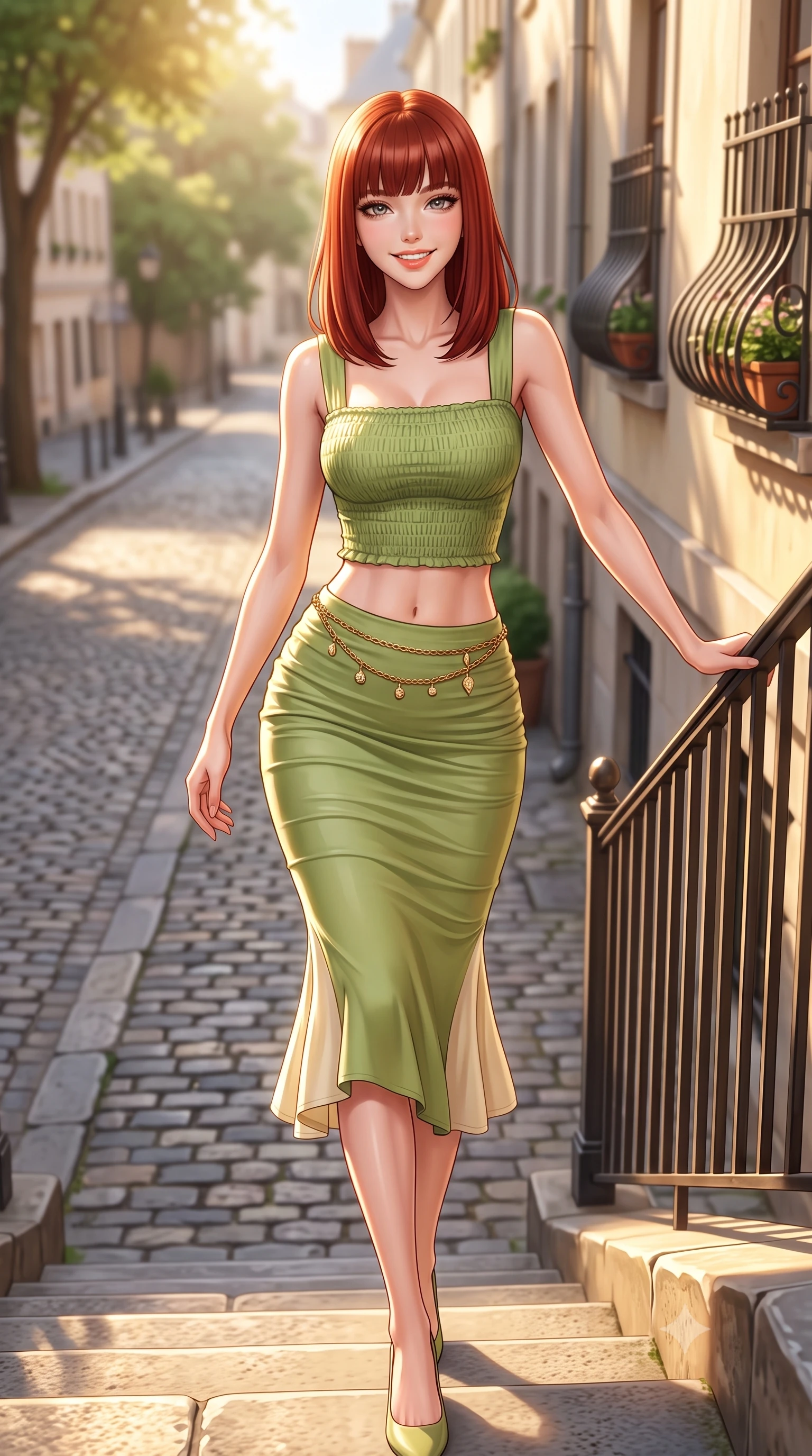 score_9, masterpiece, best quality, ultra-detailed, high-budget anime keyframe, semi-realistic 3D game render, editorial fashion photography, tasteful artistic composition, Caucasian woman. close-up cowboy shot from the waist and thighs up, the character dominates the composition, filling the frame with her large presence. leaning back against the sunlit railing with relaxed seductive grace, her flat midriff and narrow waist highlighted as she smiles brightly with bewitching eyes while walking down the stone steps with sovereign grace, her trendy form-contouring real-way outfit hugging her narrow waist and feminine hips. The composition keeps background elements in soft focus with dreamy creamy bokeh. quaint cobblestone streets and wrought-iron window boxes softened in cinematic editorial shallow focus. She has an exceptionally elegant, slender, and willowy female figure with an ultra-slim waist, flat toned midriff, narrow ribcage, and sculpted feminine hips creating an alluring, slim hourglass silhouette without bulk. sharp v-shaped jawline, high-bridge nose, intricate jewel-like sparkling eyes with depth, thick eyelashes, glossy parted lips with a natural peach sheen, bright cheerful beaming smile with an enchanting and coquettish sensual glint, exuding both youthful cute charm and seductive allure, flawlessly proportioned anatomical accuracy, strict slender model proportions, natural body alignment, perfectly sculpted long slender limbs, ultra-slim waistline, clean dynamic posture without body distortion. wearing a fitted square-neck smocked crop top paired with a curve-hugging ruched mermaid midi skirt in matcha green and warm ivory, crafted from liquid-tight stretch jersey emphasizing every curve, accented with a delicate gold chain belt resting loosely on her curvy hips, the form-fitting cut adhering flawlessly to her sculpted flat midriff and slender torso, emphasizing her long leg lines and perfectly proportioned willowy build. bathed in warm, golden afternoon sunlight streaming down the historic tree-lined street. highly saturated vibrant anime colors, detailed shading with soft gradients, rich glossy textures, high-contrast stereoscopic depth, volumetric dynamic lighting, master piece, 9:16 ratio
