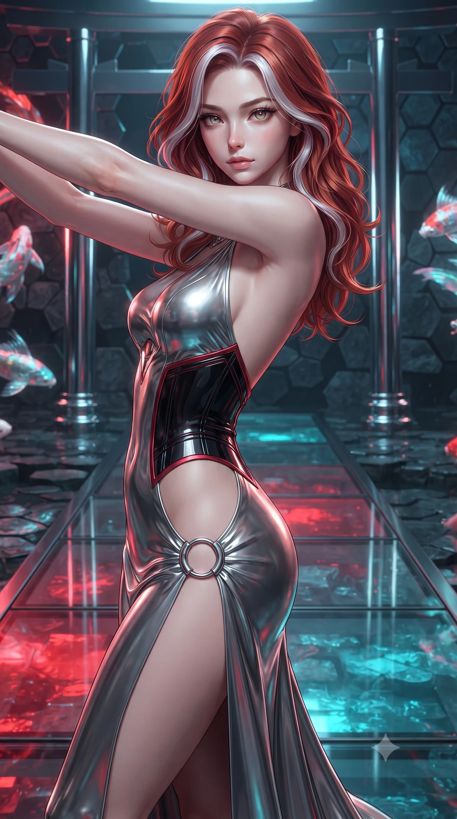 score_9, masterpiece, best quality, ultra-detailed, high-budget anime keyframe, editorial fashion photography, tasteful artistic composition, Caucasian woman. close-up cowboy shot from the waist and thighs up, the character dominates the composition, filling the frame with her large presence. gazing forward with divine sovereign poise, captivating jewel-like eyes shining with transcendent luminescence and alluring grace while arching her back in a fluid motion on a submerged glass walkway catching dramatic scarlet and cyan reflections. The surrounding environment is rendered in vivid detail and crisp panoramic clarity. intricate chrome torii pillar reflections, holographic koi fin filaments, and hexagonal stone textures in deep focus. She has an exceptionally elegant, slender, and willowy female figure with an ultra-slim waist, a gracefully sculpted slender torso, toned flat midriff, and a refined slim silhouette. sharp v-shaped jawline, high-bridge nose, intricate jewel-like eyes with depth, thick eyelashes, glossy lips with a natural sheen, flawlessly proportioned anatomical accuracy, strict slender model proportions, natural body alignment, perfectly sculpted long slender limbs, ultra-slim waistline, clean dynamic posture without body distortion. wearing a backless molten silver liquid-metal gown with a high-cut side slit and precision-fitted waist boning in high-gloss obsidian black and burning laser crimson accents, crafted from delicate iridescent organza interwoven with luminescent micro-fibers, detailed with polished silver rings connecting the daring side-waist cutouts, the form-contouring material adhering flawlessly to her sculpted flat midriff and slender torso, emphasizing her long leg lines and perfectly proportioned willowy build. surrounded by an ethereal, timeless, and captivatingly graceful oriental cyber-goddess aura. ultra-reflective glossy finish, specular highlights, dark metallic sheen, high-contrast stereoscopic depth, volumetric dynamic lighting, 2k, ultra detail, master piece, 9:16 ratio