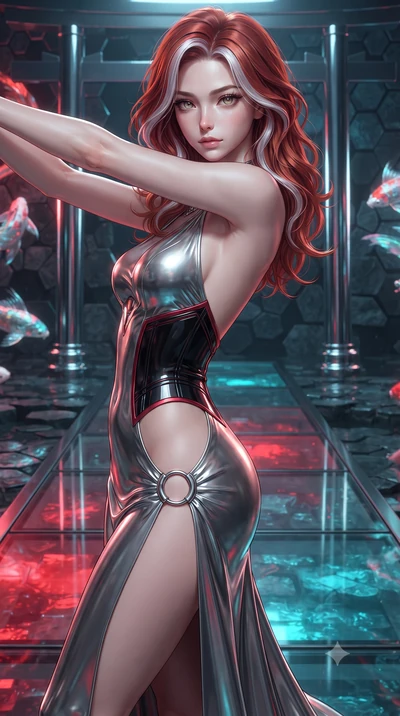 score_9, masterpiece, best quality, ultra-detailed, high-budget anime keyframe, editorial fashion photography, tasteful artistic composition, Caucasian woman. close-up cowboy shot from the waist and thighs up, the character dominates the composition,