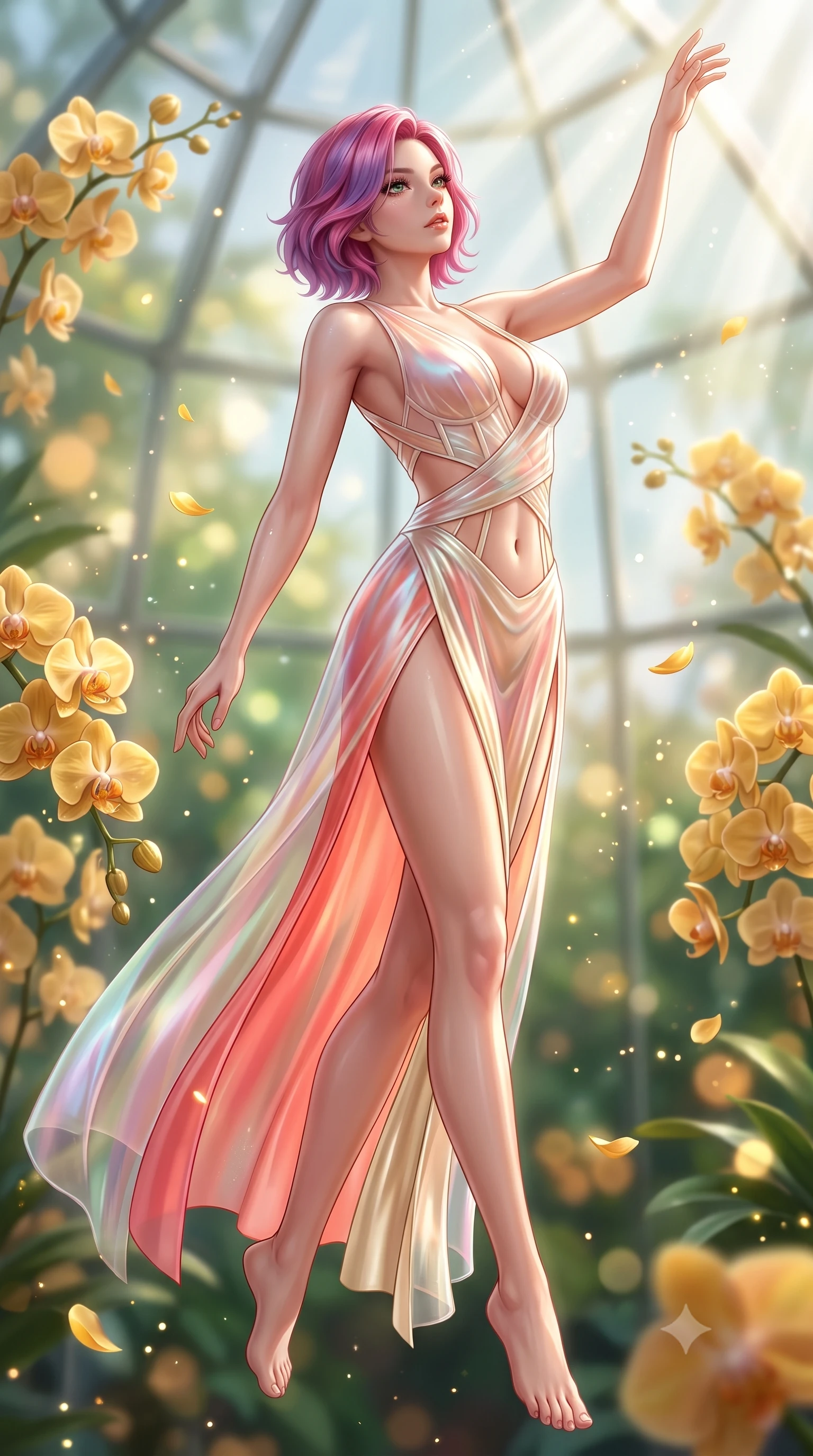 score_9, masterpiece, best quality, ultra-detailed, high-budget anime keyframe, semi-realistic 3D game render, editorial fashion photography, tasteful artistic composition, Caucasian woman. low angle full-body shot from head to toe showing her feet, filling the entire 9:16 vertical frame with her statuesque presence, stretching her vertical silhouette. arching her back in a fluid zero-gravity turn with sovereign grace, her long slender legs and sculpted torso creating a sweeping line while reaching one arm gracefully toward the streaming sunlight as golden flower petals float past in the warm air. The composition keeps background elements in soft focus with creamy bokeh. golden orchid clusters and geometric glass dome panes blurred into luminous emerald and amber bokeh. She has an absolutely perfect, statuesque 8.5-heads proportion, an exceptionally tall and slender model-like female figure with impossibly long slender legs, a toned flat midriff, and an ultra-slim waist. sharp v-shaped jawline, high-bridge nose, intricate jewel-like eyes with depth, thick eyelashes, glossy lips with a natural sheen, flawlessly proportioned anatomical accuracy, strict slender model proportions, natural body alignment, perfectly sculpted long slender limbs, ultra-slim waistline, clean dynamic posture without body distortion. wearing a translucent iridescent organza wrap dress with structured bustier boning, plunging neckline, and high-cut dual leg slits in radiant coral pink and champagne ivory, made of liquid metal jersey that clings flawlessly to every contour of her build, complemented by criss-cross back straps highlighting her completely bare spine, the precision-cut daring openings accentuating her delicate midriff, graceful bare collarbones, and ultra-slim feminine waistline. surrounded by a bright, pristine, and captivatingly fresh botanical sanctuary atmosphere. highly saturated vibrant anime colors, detailed shading with soft gradients, rich glossy textures, high-contrast stereoscopic depth, volumetric dynamic lighting, master piece, 9:16 ratio