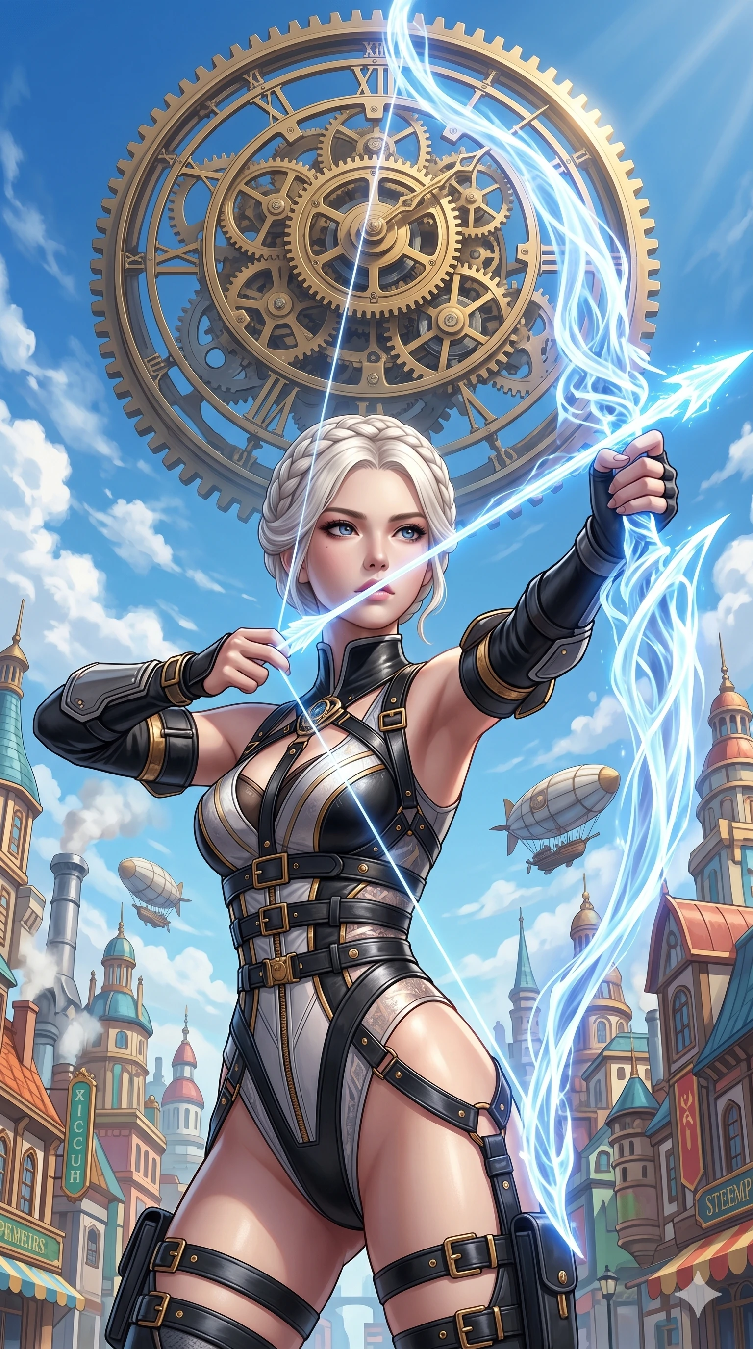score_9, masterpiece, best quality, ultra-detailed, Set A: Photorealistic 8k CG, Japanese woman. Upper body close-up from the thighs up, character filling the screen for maximum presence. Drawing a bow made of pure energy aimed at a giant clockwork mechanism in the vibrant blue sky. She has an absolutely perfect 8-heads proportion, an exceptionally tall and slender female figure with an ultra-slim waist and focused expression. Sharp v-shaped jawline, high-bridge nose, intricate jewel-like eyes with depth, thick eyelashes, glossy lips. Wearing a K-Idol Stage outfit: high-cut bodysuit with a leather harness and detached sleeves. Background is a bright and colorful steampunk city with golden gears and white clouds. 2k, ultra detail, master piece, 9:16 ratio