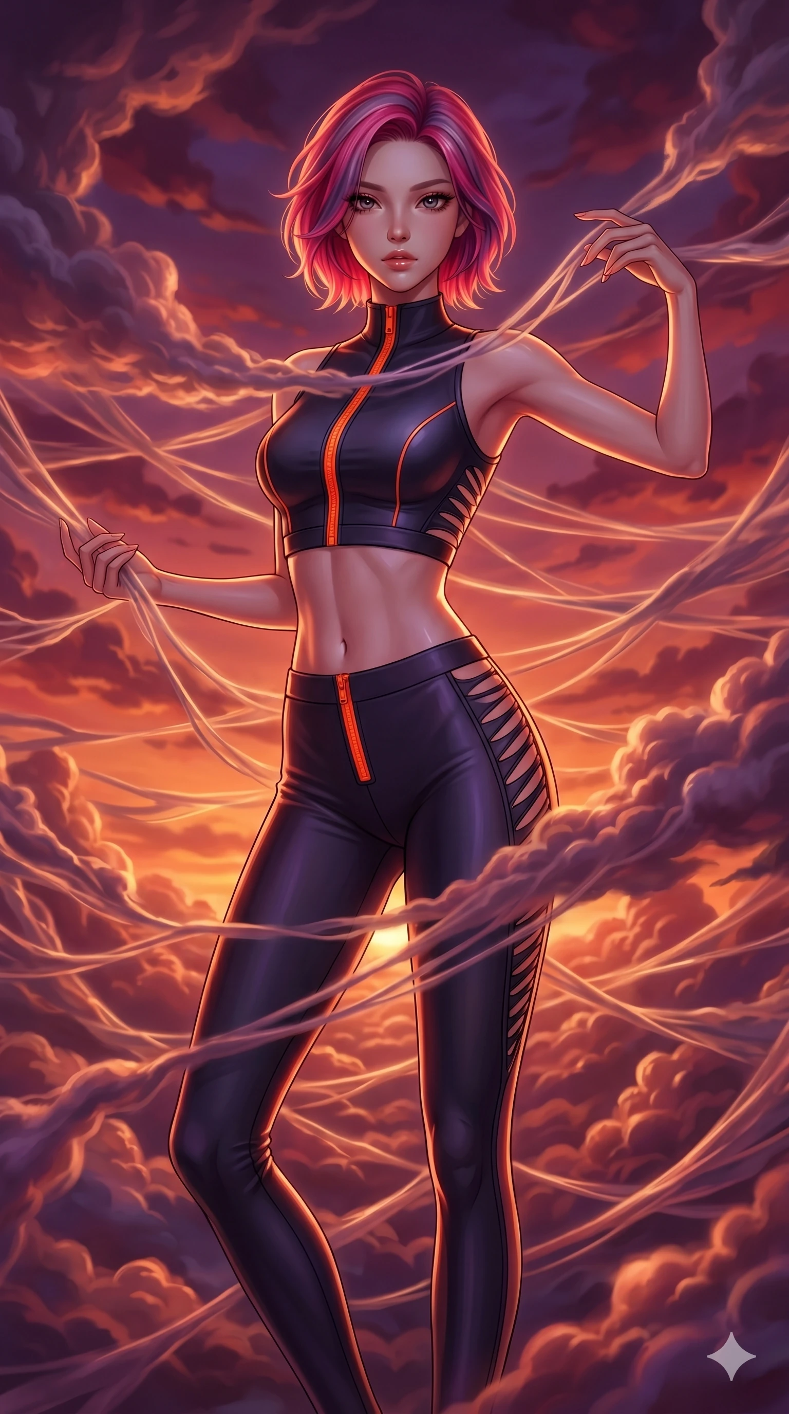 score_9, masterpiece, best quality, ultra-detailed, high-budget anime keyframe, Korean woman. upper body close-up from the thighs up, character filling the screen for maximum presence. threading through a volumetric cloud weave where storm clouds are spun like silk thread under a dramatic sunset glow. She has an absolutely perfect 8-heads proportion, an exceptionally tall and slender female figure with impossibly long slender legs and an ultra-slim waist. V-shaped jawline, high-bridge nose, intricate jewel-like eyes with depth, thick eyelashes, glossy lips with a natural sheen.. wearing a second-skin neoprene cyber-athleisure set, featuring a tight crop top and leggings with fluorescent orange zipper accents and side slash panels. lit by a soft glowing ambient light and a sharp side key light that traces the sleek contours of her athletic build. 2k, ultra detail, master piece, 9:16 ratio