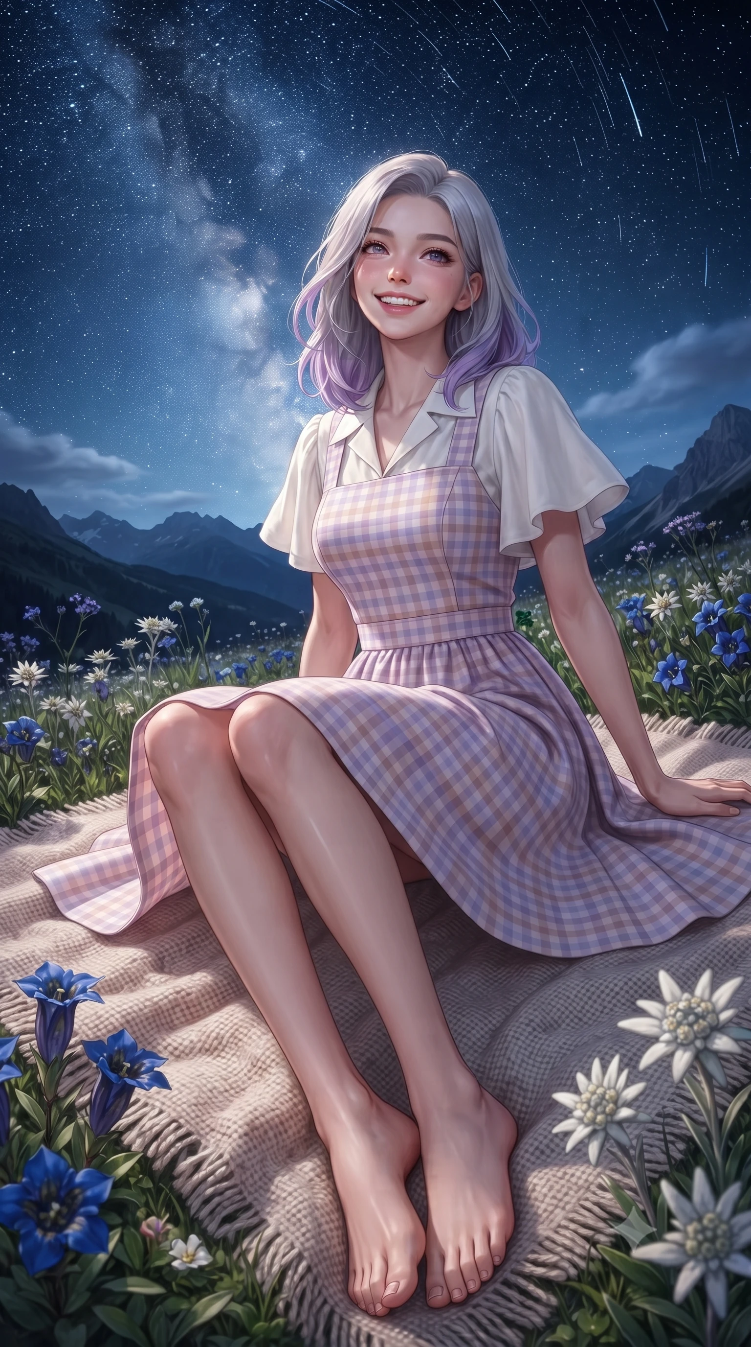 score_9, masterpiece, best quality, ultra-detailed, high-budget anime keyframe, editorial fashion photography, tasteful artistic composition, Caucasian woman. low angle full-body shot from head to toe showing her feet, filling the entire 9:16 vertical frame with her statuesque presence, stretching her vertical silhouette. performing a cheerful mid-motion turn with effortless poise, her skirt fluttering softly as she smiles into the camera while sitting comfortably on a soft wool blanket in a high alpine meadow, gazing up at the brilliant Milky Way with sparkling eyes. The surrounding environment is rendered in vivid detail and crisp panoramic clarity. sharp star trails, textured wool blanket weave, and delicate wild nighttime flowers in deep focus. She has an absolutely perfect, statuesque 8.5-heads proportion, an exceptionally tall and slender model-like female figure with impossibly long slender legs, a toned flat midriff, and an ultra-slim waist. sharp v-shaped jawline, high-bridge nose, intricate jewel-like eyes with depth, thick eyelashes, glossy lips with a natural sheen, pure and lovely fresh girlhood expression, flawlessly proportioned anatomical accuracy, strict slender model proportions, natural body alignment, perfectly sculpted long slender limbs, ultra-slim waistline, clean dynamic posture without body distortion. wearing a charming pastel gingham pinafore dress layered over a soft white puff-sleeve blouse in subtle lilac violet and soft rose gold, crafted from soft breathable linen that flutters gently in the breeze, featuring elegant flutter sleeves and a graceful open collar, the soft airy drape swaying gracefully with her dynamic movements, emphasizing her tall willowy build and slim waistline. surrounded by a magical, romantic, and breathtakingly wondrous starlit maiden aura. ultra-reflective glossy finish, specular highlights, rich natural textures, high-contrast stereoscopic depth, volumetric dynamic lighting, 2k, ultra detail, master piece, 9:16 ratio