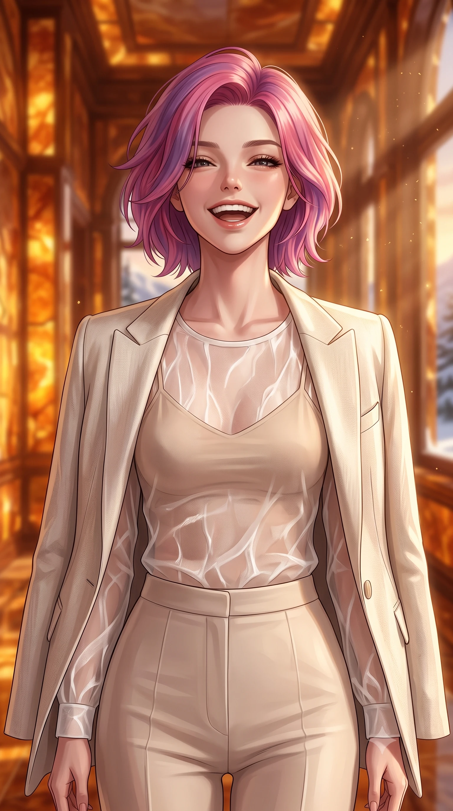 score_9, masterpiece, best quality, ultra-detailed, high-budget anime keyframe, editorial fashion photography, tasteful artistic composition, Caucasian woman, strictly human ears. close-up cowboy shot from the waist and thighs up, the character dominates the composition, filling the frame with her large presence, background elements kept in soft focus. Gently laughing with her head tilted back slightly in relaxed joy. set against a soft-focus background of standing inside a grand corridor of a palace made entirely of warm fossilized amber in a snowy pine mountain valley, glowing from within during a winter sunset. She has an exceptionally elegant, slender, and willowy female figure with a highly-defined ultra-slim waist, a gracefully sculpted slender torso, and a refined slim-fit silhouette that contours her form. sharp v-shaped jawline, high-bridge nose, intricate jewel-like eyes with depth, thick eyelashes, glossy lips with a natural sheen. wearing a semi-transparent white organza blouse layered naturally over a beige camisole, under a structured blazer. golden hour sunlight streaming in warm shafts with floating dust particles catching the light. 2k, ultra detail, master piece, 9:16 ratio