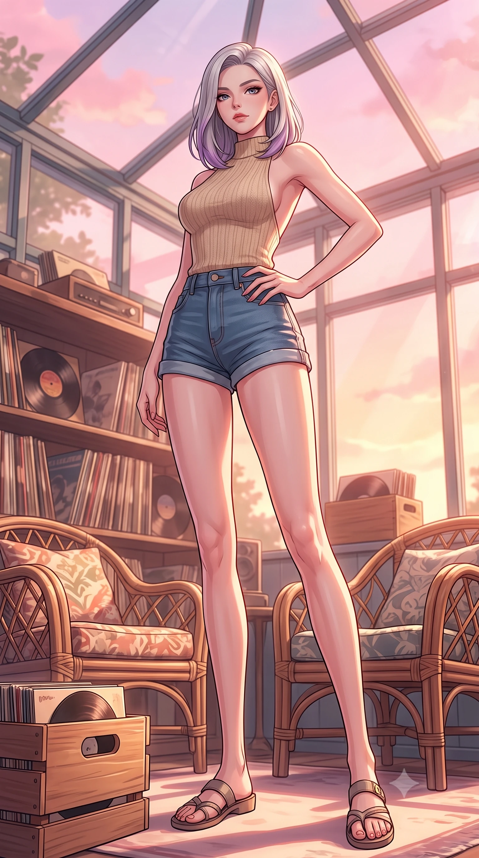 score_9, masterpiece, best quality, ultra-detailed, high-budget anime keyframe, tasteful artistic composition, Caucasian woman. low angle full-body shot from head to toe showing her feet, filling the entire 9:16 vertical frame with her statuesque presence, stretching her vertical silhouette. posing confidently with one hand on her hip, stretching her statuesque body to emphasize her curves the background shows a soft-focus a glass-walled sunroom filled with vintage records and comfortable rattan chairs. She has an absolutely perfect, statuesque 8.5-heads proportion, an exceptionally tall and slender model-like female figure with impossibly long slender legs and an ultra-slim waist. sharp v-shaped jawline, high-bridge nose, intricate jewel-like eyes with depth, thick eyelashes, glossy lips with a natural sheen. wearing a body-hugging backless knit top in beige wool, paired with high-waisted denim shorts. soft pink and amber sunset glow painting the room in a romantic wash. highly saturated vibrant anime colors, cel-shading, 2d style, master piece, 9:16 ratio