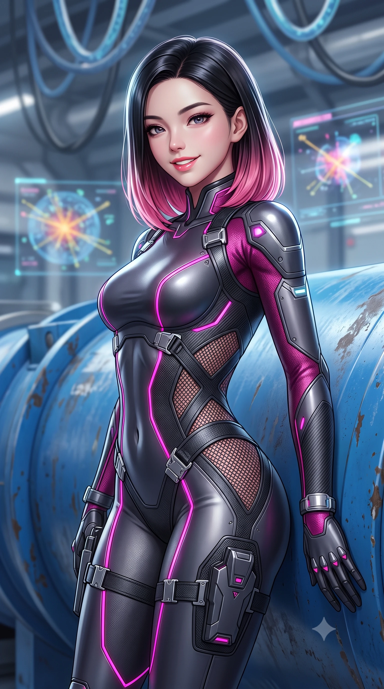 score_9, masterpiece, best quality, ultra-detailed, high-budget anime keyframe, semi-realistic 3D game render, editorial fashion photography, tasteful artistic composition, Korean woman. close-up cowboy shot from the waist and thighs up, the character dominates the composition, filling the frame with her large presence. turning slowly with a smoldering smile, her sleek hair catching the cockpit HUD rim light as her hips angle gracefully in a captivating contrapposto while leaning against a colossal blue superconducting magnet casing with hips cocked back, casting an alluring, intelligent bedroom-gaze. The background shows a soft-focus overhead cryogenic coolant lines and holographic collision event displays softened in cutting-edge physics facility shallow focus. She has an exceptionally elegant, slender, and willowy female figure with an ultra-slim waist, flat toned midriff, narrow ribcage, and sculpted feminine hips creating an alluring, slim hourglass silhouette without bulk. sharp v-shaped jawline, high-bridge nose, intricate jewel-like sparkling eyes with depth, thick eyelashes, glossy parted lips with a natural sheen, bright confident smile with an enchanting and coquettish sensual glint, exuding both youthful magnetic charm and sovereign high-tech allure, flawlessly proportioned anatomical accuracy, strict slender model proportions, natural body alignment, perfectly sculpted long slender limbs, ultra-slim waistline, clean dynamic posture without body distortion. wearing a futuristic cut-out nano-suit with diamond-shaped side-torso mesh insets tracing her slim hourglass curves in deep titanium gunmetal and radiant magenta neon, crafted from lightweight aerodynamic matte carbon-fiber weave with structural stiffness, finished with polished chrome buckle hardware and modular magnetic holster clasps, the liquid-tight tailored fabric clinging flawlessly to her narrow waist and rounded feminine hips, emphasizing every millimeter of her sculpted slim hourglass curves without any bulky heaviness. illuminated by instrument status LEDs and sharp platinum rim lights carving her razor-sharp jawline, narrow waist, and curvy hips. highly saturated vibrant anime colors, detailed shading with soft gradients, rich glossy textures, high-contrast stereoscopic depth, volumetric dynamic lighting, master piece, 9:16 ratio