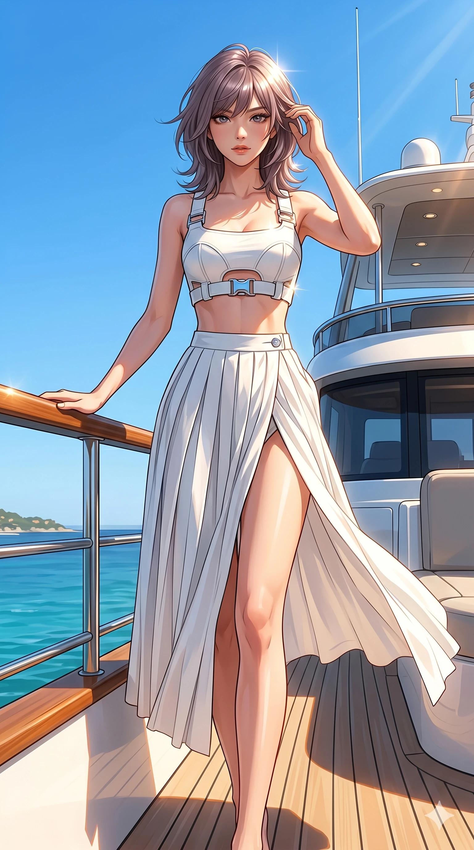 score_9, masterpiece, best quality, ultra-detailed, high-budget anime keyframe, editorial fashion photography, tasteful artistic composition, Japanese woman. cowboy shot from the thighs up, character and outfit filling the frame for maximum editorial presence. posing with bright, confident self-assurance, one hand on the railing standing on a yacht flybridge under a clear blue sky. She has an absolutely perfect 8-heads proportion, an exceptionally tall and slender female figure with impossibly long slender legs and an ultra-slim waist. V-shaped jawline, high-bridge nose, intricate jewel-like eyes with depth, thick eyelashes, glossy lips with a natural sheen. wearing a structured white crop top with chrome hardware and high-slit wrap skirt. drenched in brilliant midday sunshine casting sharp, warm rays on her figure. 2k, ultra detail, master piece, 9:16 ratio
