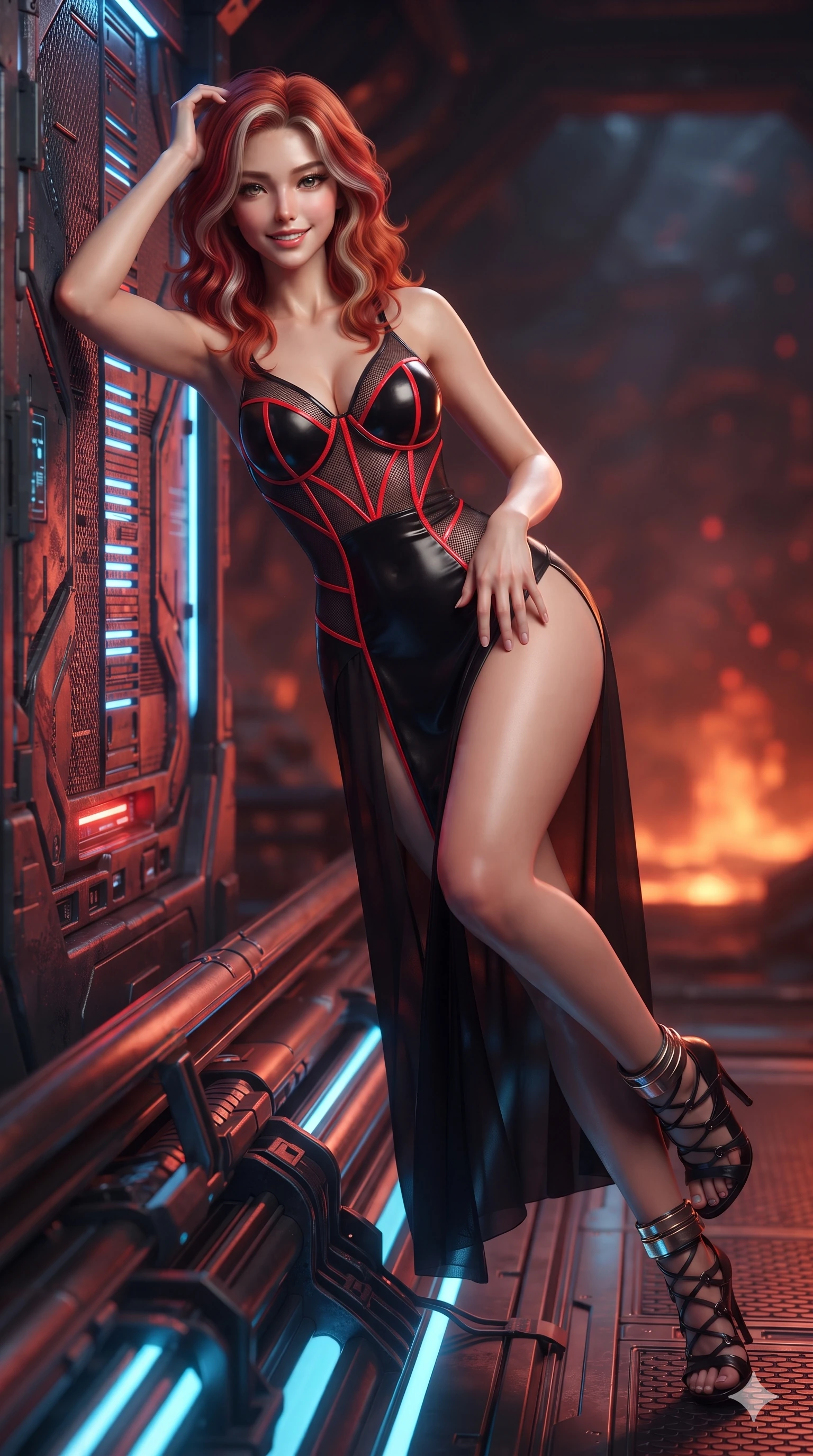 score_9, masterpiece, best quality, ultra-detailed, high-budget anime keyframe, editorial fashion photography, tasteful artistic composition, Caucasian woman. close-up cowboy shot from the waist and thighs up, the character dominates the composition, filling the frame with her large presence. leaning back against the glowing maintenance bulkhead with relaxed seductive grace, her flat midriff and narrow waist highlighted as laser ambient light traces her curves while lounging gracefully on the maintenance railing propped on one elbow with legs extended, displaying her long slender limbs and statuesque hourglass silhouette against the subterranean plasma matrix. The background shows a soft-focus molten thermal mist softened in subterranean geothermal core shallow focus. She has an exceptionally elegant, slender, and willowy female figure with an ultra-slim waist, flat toned midriff, narrow ribcage, and sculpted feminine hips creating an alluring, slim hourglass silhouette without bulk. sharp v-shaped jawline, high-bridge nose, intricate jewel-like sparkling eyes with depth, thick eyelashes, glossy parted lips with a natural sheen, bright confident smile with an enchanting and coquettish sensual glint, exuding both youthful magnetic charm and sovereign high-tech allure, flawlessly proportioned anatomical accuracy, strict slender model proportions, natural body alignment, perfectly sculpted long slender limbs, ultra-slim waistline, clean dynamic posture without body distortion. wearing a form-contouring gossamer cyber-chiffon flight slip with a hip-high slit and open cowl back clinging with dewy moisture in midnight black lacquer and vibrant scarlet neon, woven from buttery-soft stretch lambskin leather adhering to her body like a second skin, complemented by strappy stiletto combat boots with metallic ankle wraps accentuating her slender calves, the liquid-tight tailored fabric clinging flawlessly to her narrow waist and rounded feminine hips, emphasizing every millimeter of her sculpted slim hourglass curves without any bulky heaviness. illuminated by floor warning lights and sharp copper rim lighting sculpting her razor-sharp jawline, narrow waist, and curvy hips. ultra-reflective glossy finish, specular highlights, rich textural contrasts, high-contrast stereoscopic depth, volumetric dynamic lighting, 2k, ultra detail, master piece, 9:16 ratio