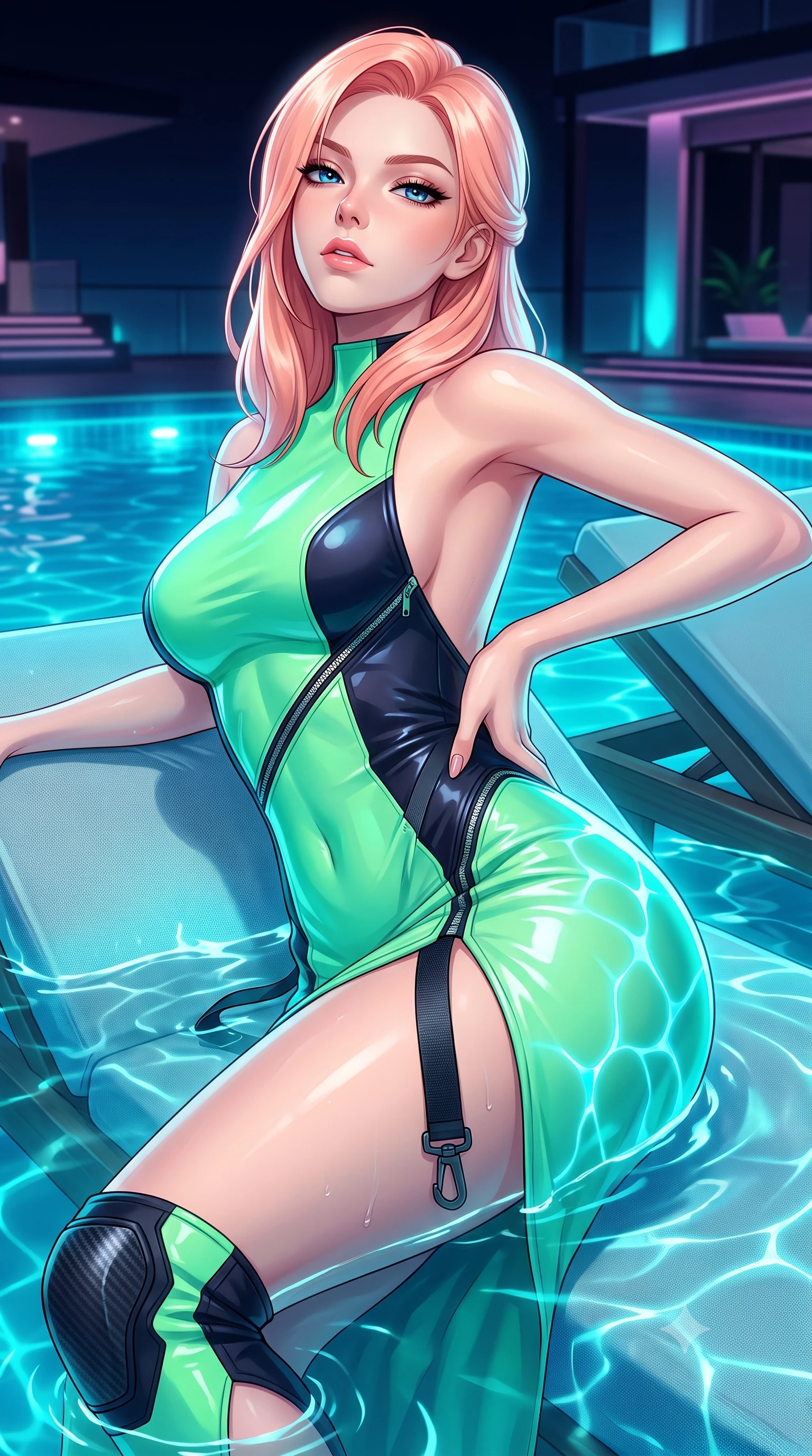 score_9, masterpiece, best quality, ultra-detailed, high-budget anime keyframe, semi-realistic 3D game render, editorial fashion photography, tasteful artistic composition, Japanese woman. close-up cowboy shot from the waist and thighs up, the character dominates the composition, filling the frame with her large presence. tilting her chin up with proud, sovereign allure while gazing through thick eyelashes, one hand resting on her waist in pure supermodel charisma while reclining on a submerged pool daybed with water lapping at her waist, arching her spine as glowing cyan pool caustics trace her curvy hips. The surrounding environment is rendered in vivid detail and crisp panoramic clarity. high-contrast cyber-resort chiaroscuro and atmospheric midnight pool nightlife rendered in precision. She has an exceptionally elegant, slender, and willowy female figure with an ultra-slim waist, a gracefully sculpted slender torso, toned flat midriff, and rounded feminine hips creating an alluring hourglass silhouette. sharp v-shaped jawline, high-bridge nose, intricate jewel-like eyes with depth, thick eyelashes, glossy parted lips with a natural sheen, intensely captivating and seductive bedroom-eyes expression, flawlessly proportioned anatomical accuracy, strict slender model proportions, natural body alignment, perfectly sculpted long slender limbs, ultra-slim waistline, clean dynamic posture without body distortion. wearing a form-contouring vinyl track dress with diagonal zipper detailing and an ultra-high side slit in neon mint green and dark obsidian, crafted from flexible reflective spandex and tactical webbing, accented with hanging industrial clip straps and carbon fiber knee sliders, the dramatically scooped open back descending to the base of her spine, accentuating her razor-sharp statuesque lines and curvy hourglass silhouette. illuminated by wet specular bounce lights accentuating her feminine waist-to-hip hourglass contour. highly saturated vibrant anime colors, detailed shading with soft gradients, rich glossy textures, high-contrast stereoscopic depth, volumetric dynamic lighting, master piece, 9:16 ratio