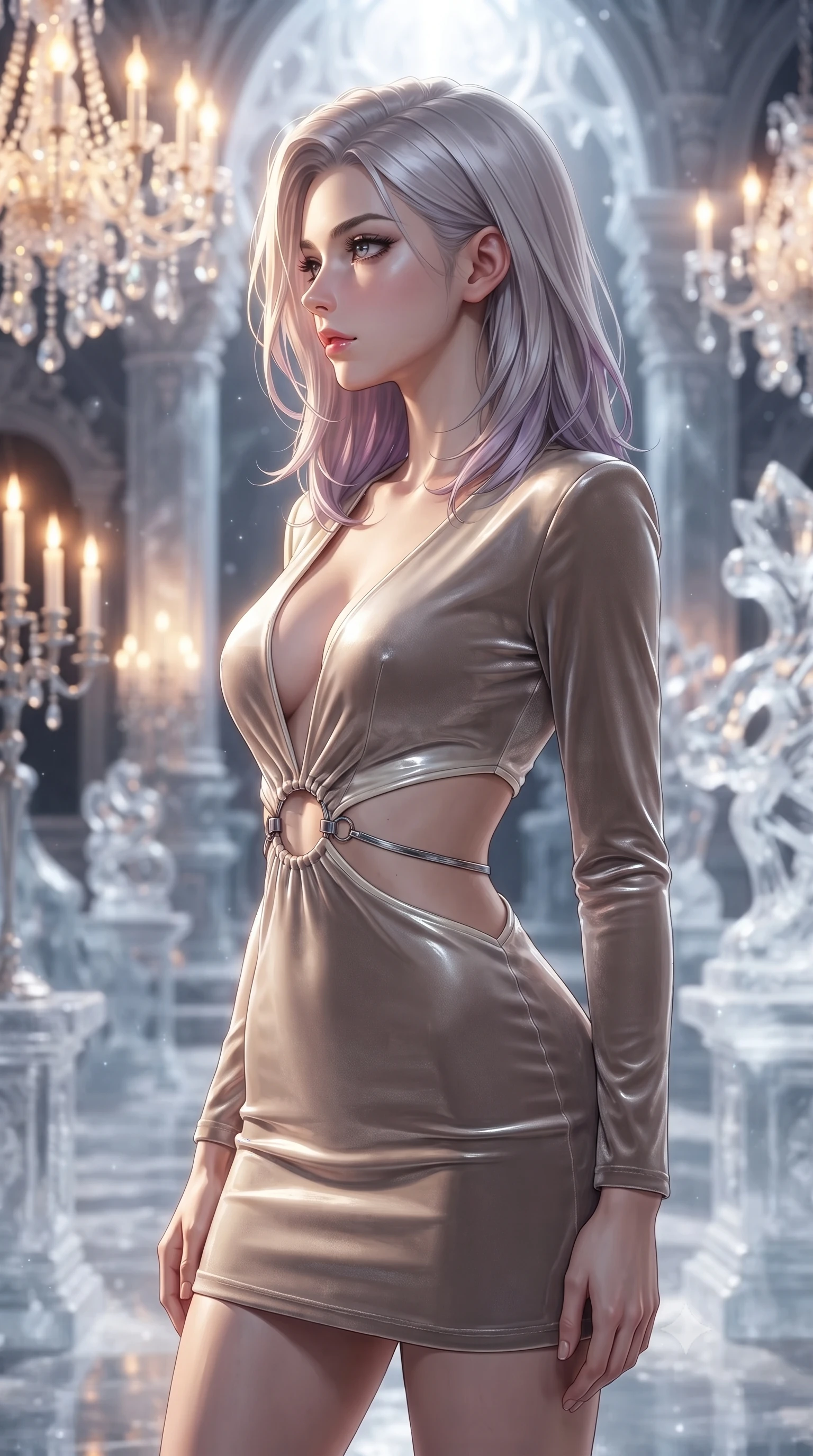 score_9, masterpiece, best quality, ultra-detailed, high-budget anime keyframe, editorial fashion photography, tasteful artistic composition, Caucasian woman. close-up cowboy shot from the waist and thighs up, the character dominates the composition, filling the frame with her large presence, background elements kept in soft focus. Turning her face in sharp dramatic profile against the bright light, showcasing her sharp v-shaped jawline standing in an open-air ice palace ballroom lined with glowing crystal chandeliers, warm golden firelight clashing dramatically with cool silver moonbeams. She has an exceptionally elegant, slender, and willowy female figure with an ultra-slim waist, a gracefully sculpted slender torso, and a refined silhouette. sharp v-shaped jawline, high-bridge nose, intricate jewel-like eyes with depth, thick eyelashes, glossy lips with a natural sheen. wearing a liquid mercury gloss mini dress with ultra-deep V-neck and waist cutouts in muted taupe and soft ivory, made of premium stretch velvet with a rich sheen, accented with delicate chrome ring hardware framing her waist, the glove-like fit emphasizing her statuesque silhouette. surrounded by an opulent, frozen fairytale ambiance with high specular shine. ultra-reflective glossy finish, specular highlights, metallic sheen, high-contrast stereoscopic depth, volumetric dynamic lighting, 2k, ultra detail, master piece, 9:16 ratio