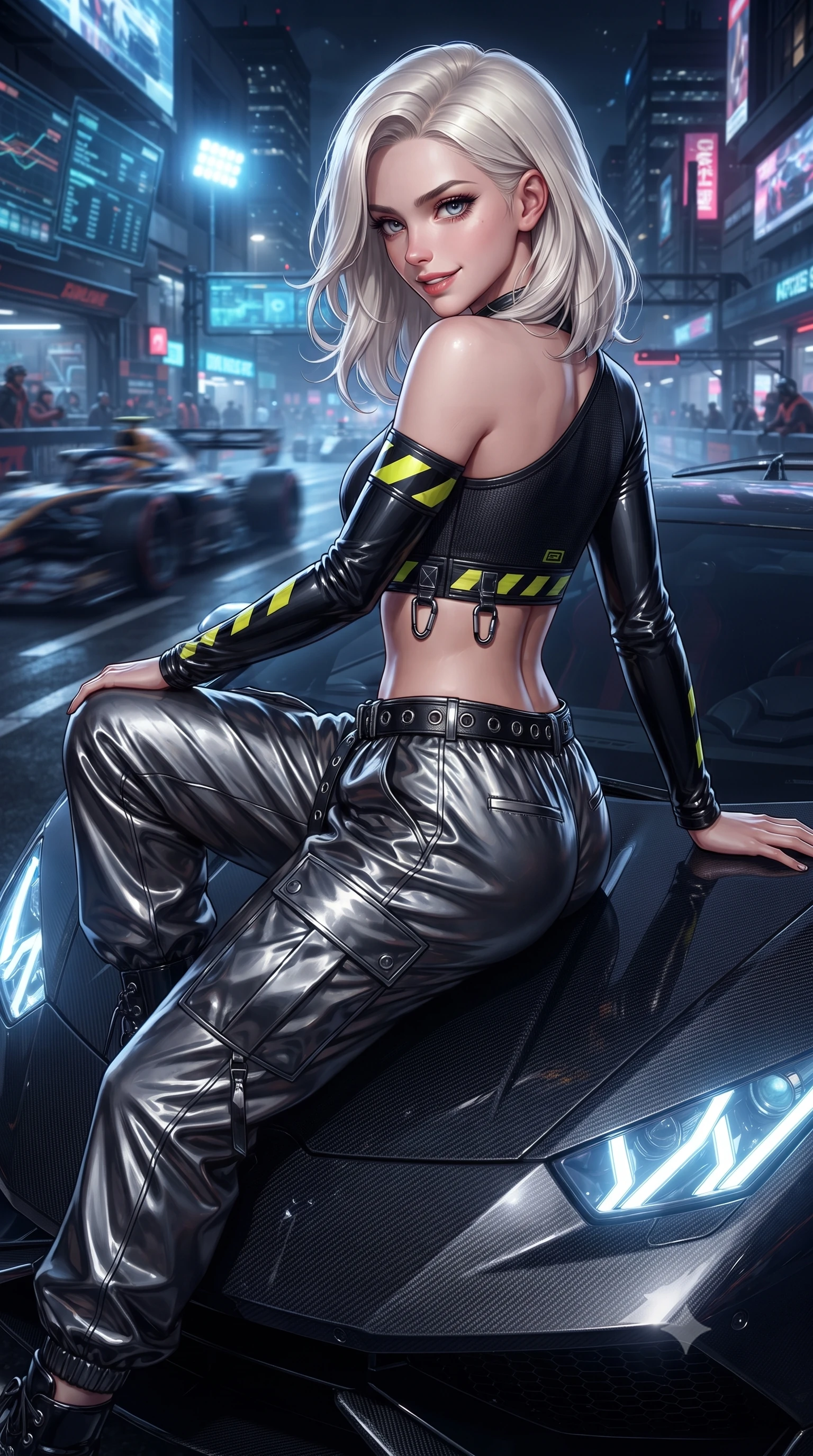 score_9, masterpiece, best quality, ultra-detailed, high-budget anime keyframe, editorial fashion photography, tasteful artistic composition, Caucasian woman. close-up cowboy shot from the waist and thighs up, the character dominates the composition, filling the frame with her large presence. turning over a bare shoulder with an intoxicating, teasing smile, her soft hair framing her sharp jawline as she looks back while sitting poised on the glossy carbon-fiber hood of a midnight hypercar, one leg extended and torso angled back with seductive confidence. The surrounding environment is rendered in vivid detail and crisp panoramic clarity. vibrant high-contrast cyberpunk motorsport chiaroscuro and raw high-speed racing adrenaline in precision. She has an exceptionally elegant, slender, and willowy female figure with an ultra-slim waist, a gracefully sculpted slender torso, toned flat midriff, and a refined slim silhouette. sharp v-shaped jawline, high-bridge nose, intricate jewel-like eyes with depth, thick eyelashes, glossy parted lips with a natural sheen, intensely captivating and seductive expression, flawlessly proportioned anatomical accuracy, strict slender model proportions, natural body alignment, perfectly sculpted long slender limbs, ultra-slim waistline, clean dynamic posture without body distortion. wearing an asymmetric single-sleeve moto crop top paired with baggy metallic parachute trousers and grommet belt in pitch-black vinyl and specular chrome trim, crafted from compression knit fabric sculpting her athletic hourglass lines, finished with high-visibility hazard warning tape details and carabiner clips, the athletic second-skin cut highlighting her toned flat midriff and slender model proportions during dynamic action. bathed in high-intensity xenon hypercar headlights and neon pitlane floodlights. ultra-reflective glossy finish, specular highlights, rich textural contrasts, high-contrast stereoscopic depth, volumetric dynamic lighting, 2k, ultra detail, master piece, 9:16 ratio