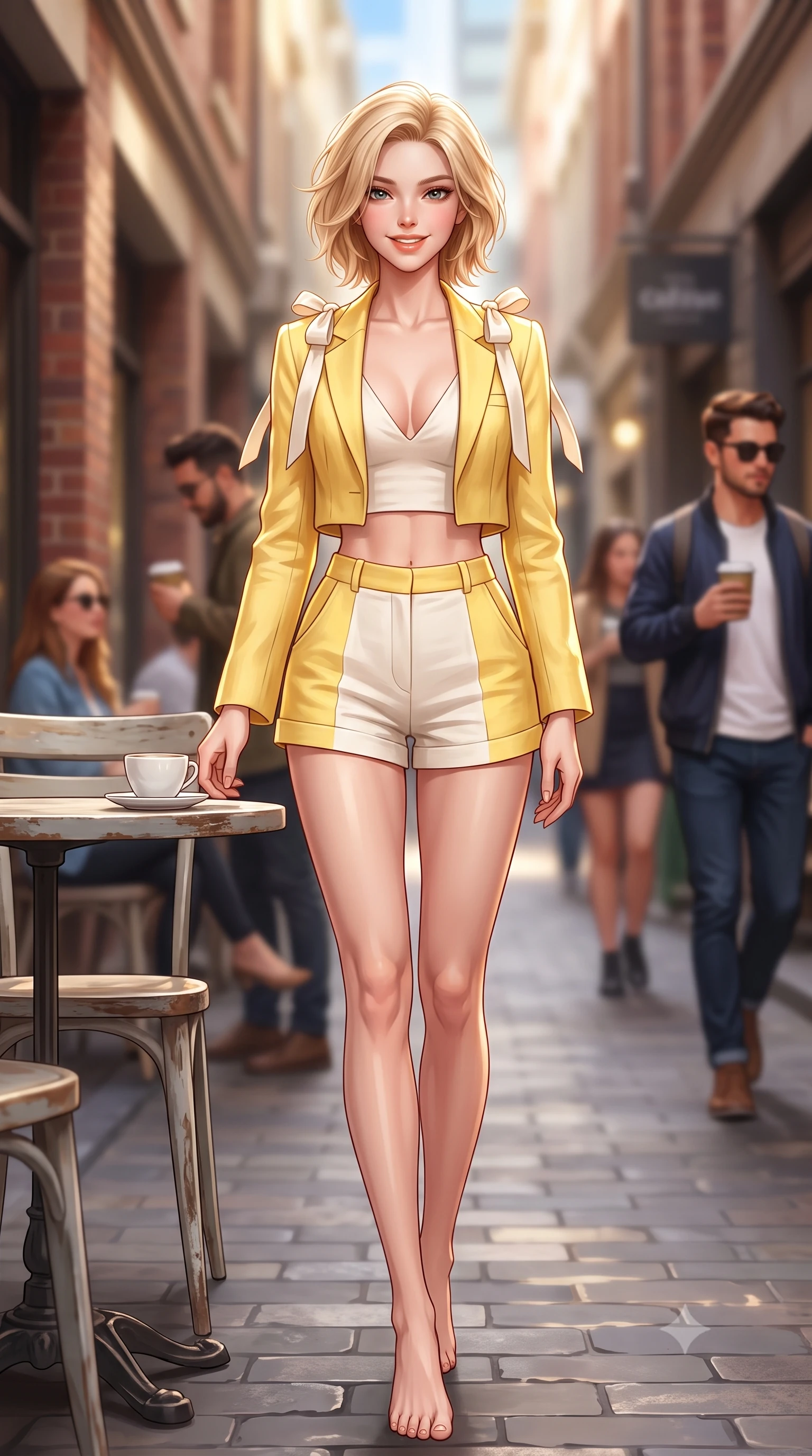 score_9, masterpiece, best quality, ultra-detailed, high-budget anime keyframe, semi-realistic 3D game render, editorial fashion photography, tasteful artistic composition, Caucasian woman. low angle full-body shot from head to toe showing her feet, filling the entire 9:16 vertical frame with her statuesque presence, stretching her vertical silhouette. stepping forward gracefully in mid-motion with a radiant beaming smile, hips swaying in an alluring kinetic rhythm that accentuates her curvy hourglass silhouette and long slender legs while sitting gracefully at a small outdoor espresso table in the bustling laneway, arching her lower back with a charming, bright cute smile. The composition keeps background elements in soft focus with dreamy creamy bokeh. dappled laneway light and passing stylish coffee-drinkers softened in trendy Melbourne shallow focus. She has an exceptionally tall and slender model-like 8.5-heads proportion, an ultra-slim waist, a flat toned midriff, narrow delicate ribcage, and beautifully sculpted feminine hips creating a graceful, slim hourglass silhouette without any bulky heaviness, with impossibly long slender legs. sharp v-shaped jawline, high-bridge nose, intricate jewel-like sparkling eyes with depth, thick eyelashes, glossy parted lips with a natural peach sheen, bright cheerful beaming smile with an enchanting and coquettish sensual glint, exuding both youthful cute charm and seductive allure, flawlessly proportioned anatomical accuracy, strict slender model proportions, natural body alignment, perfectly sculpted long slender limbs, ultra-slim waistline, clean dynamic posture without body distortion. wearing a chic cropped linen blazer worn with a plunging-V camisole and high-waisted tailored hot-pants showcasing her long slender legs in bright butter yellow and fresh cream white, crafted from soft breathable linen with effortless natural drape, finished with cute satin bow ribbons tying at the shoulders, the form-contouring cut accentuating her sculpted flat midriff, narrow delicate ribcage, and gracefully curvy hips with supermodel precision. illuminated by warm street bounce light sharply defining her sculpted collarbones, ultra-slim waist, and curvy hips. highly saturated vibrant anime colors, detailed shading with soft gradients, rich glossy textures, high-contrast stereoscopic depth, volumetric dynamic lighting, master piece, 9:16 ratio