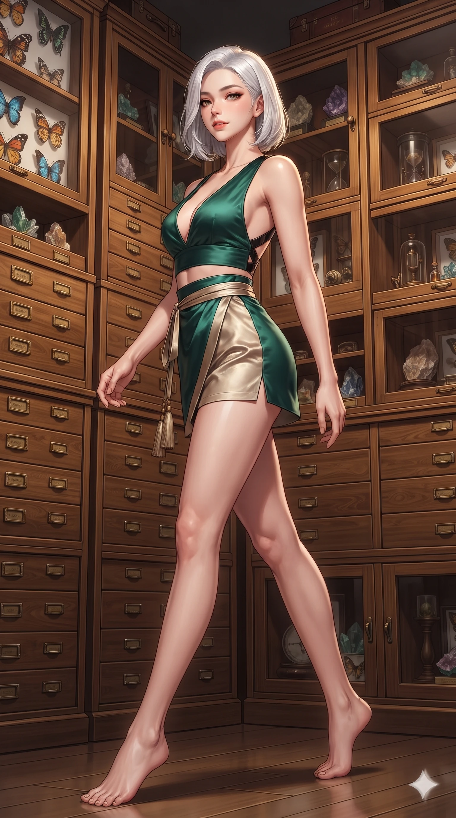 score_9, masterpiece, best quality, ultra-detailed, high-budget anime keyframe, editorial fashion photography, tasteful artistic composition, Korean woman. low angle full-body shot from head to toe showing her feet, filling the entire 9:16 vertical frame with her statuesque presence, stretching her vertical silhouette. stepping forward in a confident stride, her long slender legs and curvaceous hips creating a dynamic, sweeping vertical line while standing poised between floor-to-ceiling wooden specimen drawers with hips cocked back, looking back with an intoxicating, smoldering gaze. The surrounding environment is rendered in vivid detail and crisp panoramic clarity: detailed liquid silk satin halter leotard drape, norigae tassel accents, and vintage cabinetwork in razor-sharp clarity. She has an absolutely perfect, statuesque 8.5-heads proportion, an exceptionally tall and slender model-like female figure with impossibly long slender legs, an ultra-slim waist, a flat toned midriff, narrow delicate ribcage, and beautifully sculpted feminine hips creating a graceful, slim hourglass silhouette without any bulky heaviness. sharp v-shaped jawline, high-bridge nose, sparkling eyes with hypnotic seductive depth, thick curled eyelashes, glossy parted lips with a natural dewy peach sheen, alluring bedroom-eyes with an enchanting coquettish smile, exuding magnetic siren charisma and sophisticated glamour, flawlessly proportioned anatomical accuracy, strict slender model proportions, natural body alignment, perfectly sculpted long slender limbs, ultra-slim waistline, clean dynamic posture without body distortion. wearing a deep V-neck linen crop top paired with high-waisted wrap shorts and a matching sash in casino emerald green and metallic champagne gold with ruby glints, tailored from smooth liquid silk satin that clings smoothly to her narrow waist and rounded hips with a dewy sheen, featuring an open-back criss-cross harness strap in patent black leather, the liquid-tight tailored fabric clinging flawlessly to her narrow waist and rounded feminine hips, emphasizing every millimeter of her sculpted slim hourglass curves without any bulky heaviness. illuminated by parchment reflection fill and sharp warm-amber rim lights defining her razor-sharp jawline, narrow waist, and curvy hips. ultra-reflective glossy finish, specular highlights, rich textural contrasts, high-contrast stereoscopic depth, volumetric dynamic lighting, 2k, ultra detail, master piece, 9:16 ratio