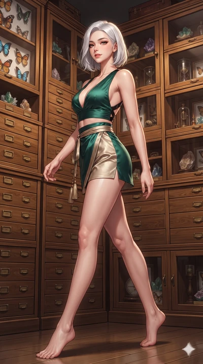 Korean woman. low angle full-body shot from head to toe showing her feet, filling the entire 9:16 vertical f.