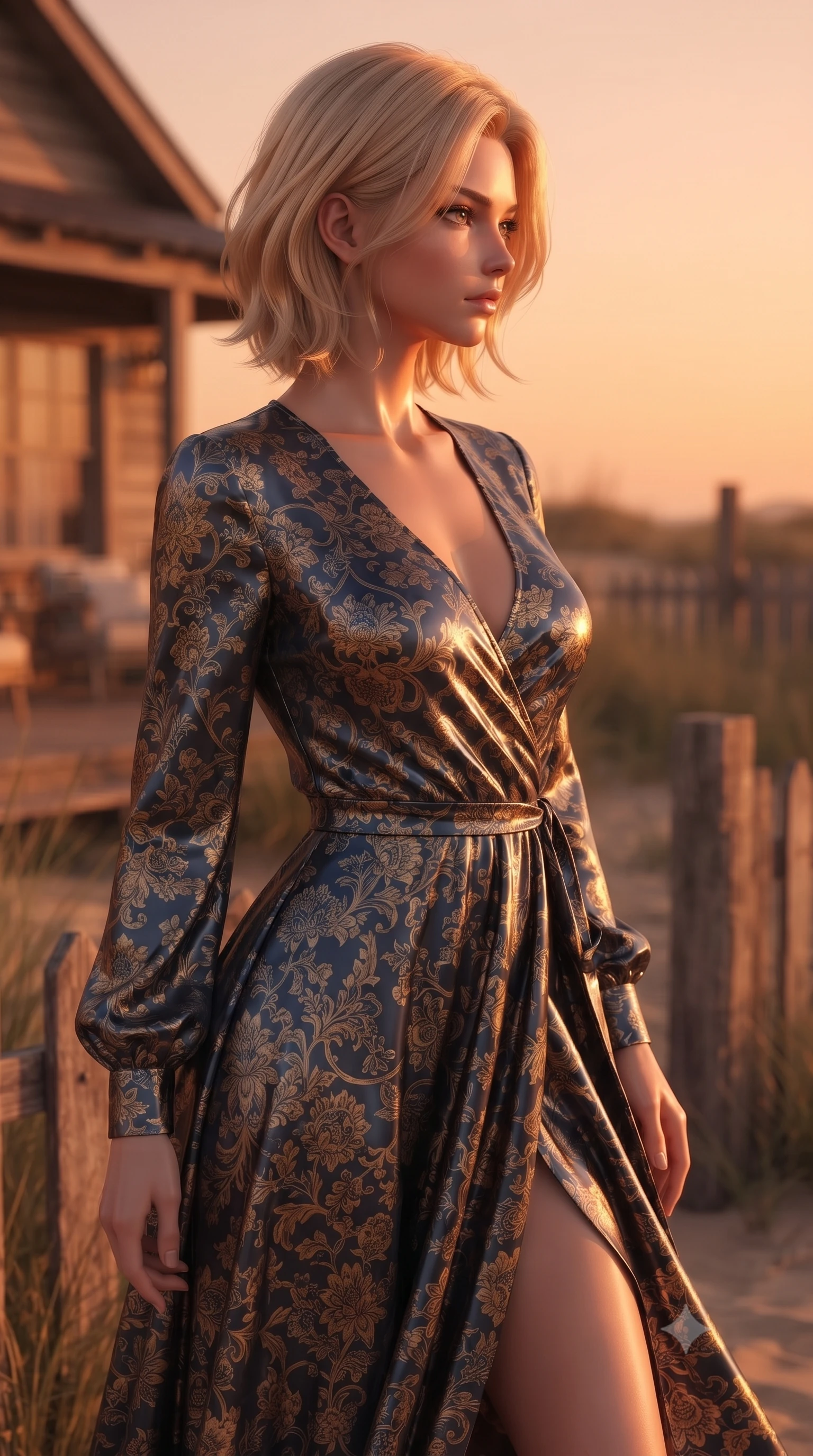 score_9, masterpiece, best quality, ultra-detailed, high-budget anime keyframe, editorial fashion photography, tasteful artistic composition, Caucasian woman. close-up cowboy shot from the waist and thighs up, the character dominates the composition, filling the frame with her large presence, background elements kept in soft focus. turning her face in sharp profile, casting a cold, mysterious, yet intensely alluring side gaze, the background shows a soft-focus a cozy cottage deck in the desert oasis, surrounded by beachgrass and wooden fences. She has an exceptionally elegant, slender, and willowy female figure with an ultra-slim waist, a gracefully sculpted slender torso, and a refined silhouette. sharp v-shaped jawline, high-bridge nose, intricate jewel-like eyes with depth, thick eyelashes, glossy lips with a natural sheen. wearing a tailored flowy floral-patterned wrap dress with long sleeves and a modest V-neck. warm sunset light casting a peaceful, cozy orange wash on her figure. ultra-reflective glossy finish, specular highlights, metallic sheen, high-contrast stereoscopic depth, volumetric dynamic lighting, 2k, ultra detail, master piece, 9:16 ratio