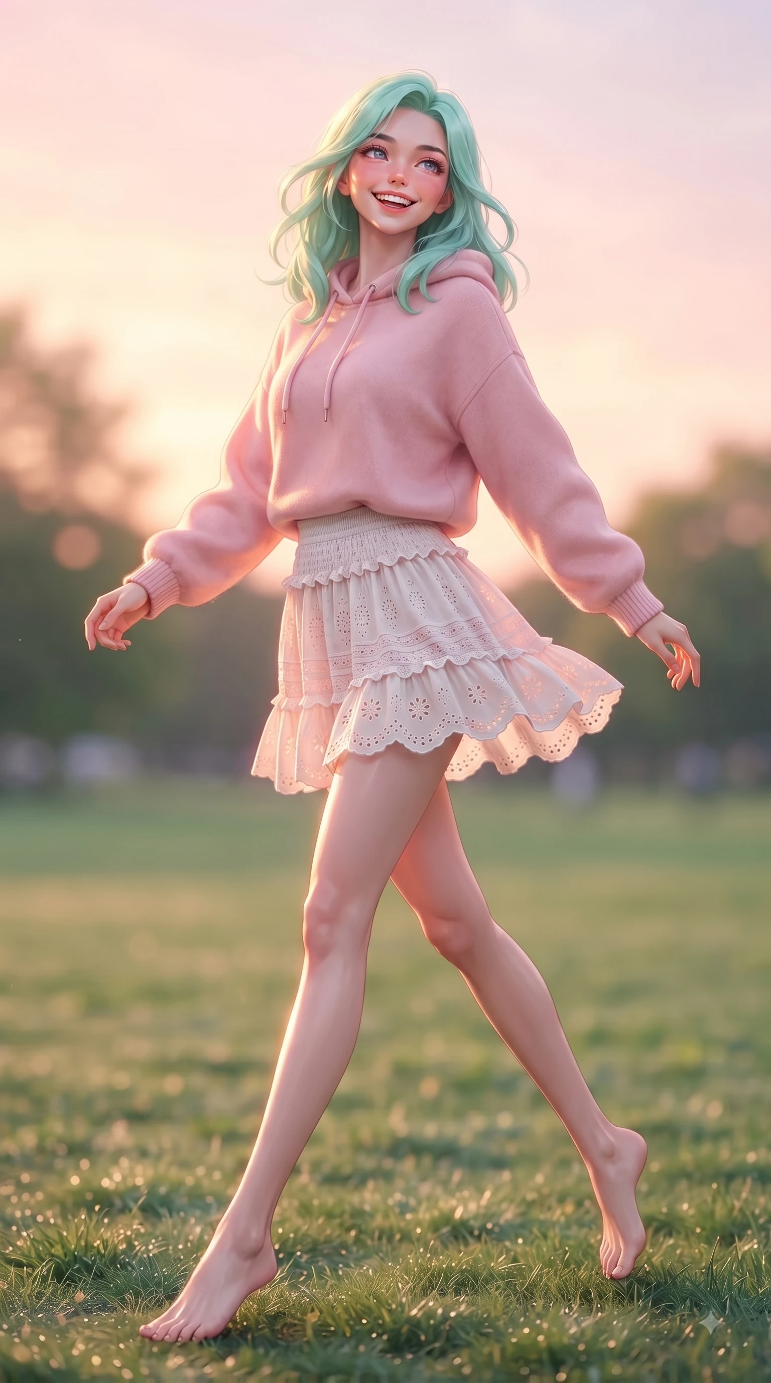score_9, masterpiece, best quality, ultra-detailed, high-budget anime keyframe, editorial fashion photography, tasteful artistic composition, Japanese woman. low angle full-body shot from head to toe showing her feet, filling the entire 9:16 vertical frame with her statuesque presence, stretching her vertical silhouette. stepping forward gracefully in mid-motion with a delighted cute expression, displaying her statuesque model proportions while resting on her knees on the lush grass with a joyful, beaming expression as warm sunset light warms her face. The composition keeps background elements in soft focus with dreamy bokeh. green park lawns and soft sunset sky gradients blurred smoothly behind her radiant figure. She has an absolutely perfect, statuesque 8.5-heads proportion, an exceptionally tall and slender model-like female figure with impossibly long slender legs and an ultra-slim waist. sharp v-shaped jawline, high-bridge nose, intricate jewel-like eyes with depth, thick eyelashes, glossy lips with a natural sheen, flawlessly proportioned anatomical accuracy, natural body alignment, perfectly sculpted elegant limbs, clean dynamic posture without body distortion. wearing a cozy pastel-pink hoodie sweater paired with a white tennis skirt in warm coral pink and champagne ivory, woven with delicate eyelet lace and soft cotton, accented with soft smocked details and fluttery cuffs, the breezy lightweight fabric fluttering softly against her delicate frame. surrounded by a serene, uplifting, and romantic park ambiance. ultra-reflective glossy finish, specular highlights, metallic sheen, high-contrast stereoscopic depth, volumetric dynamic lighting, 2k, ultra detail, master piece, 9:16 ratio