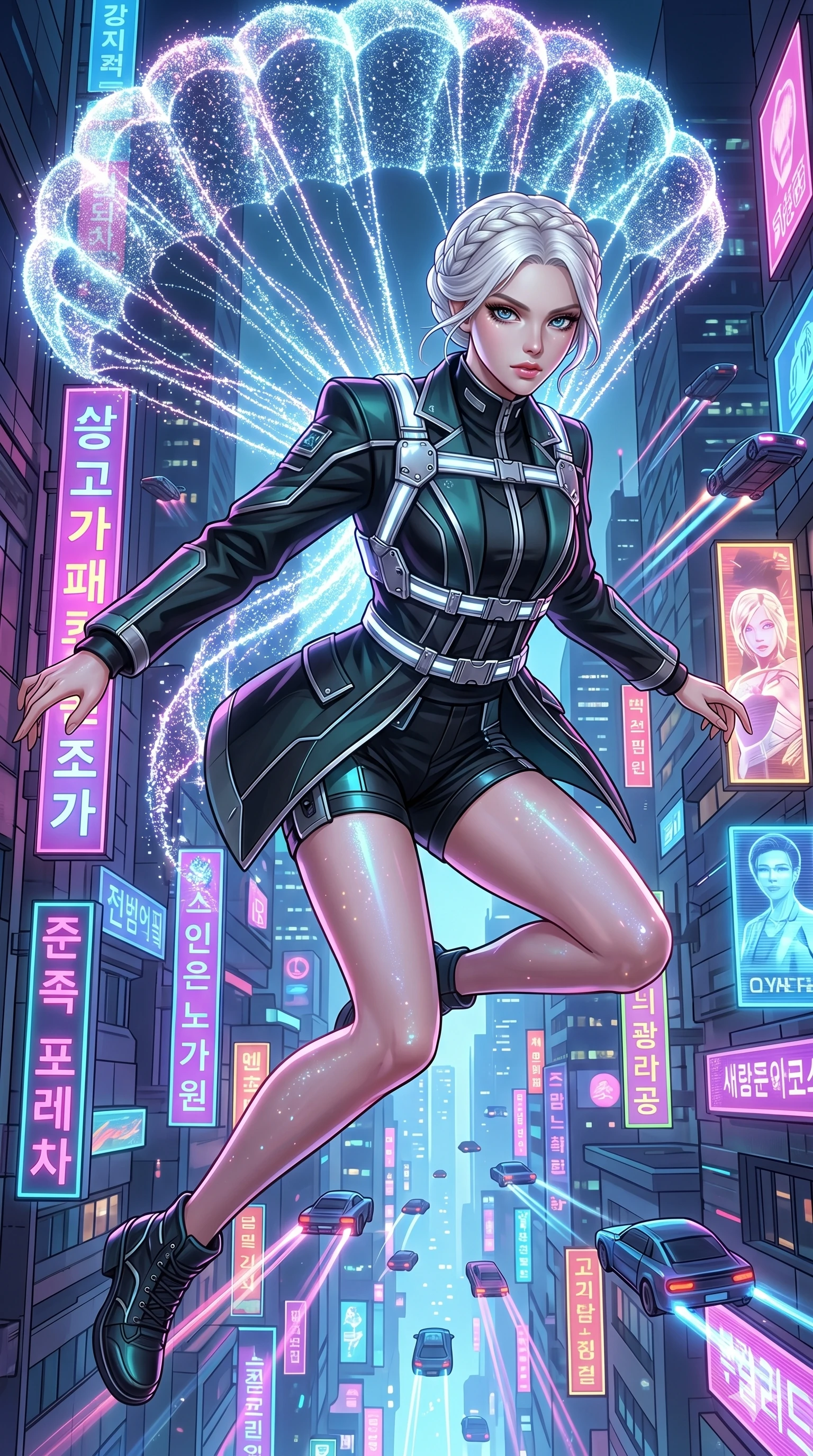 score_9, masterpiece, best quality, ultra-detailed, Set C: High-budget Anime Keyframe, Korean woman. Low angle cowboy shot filling the entire 9:16 frame with her statuesque presence. Leaping off a skyscraper with a parachute made of light particles into a neon canyon at night. She has an absolutely perfect 8-heads proportion, an exceptionally tall and slender female figure with elegant long slender legs and an slender waist. Sharp v-shaped jawline, high-bridge nose, intricate jewel-like eyes with depth, thick eyelashes, glossy lips. Wearing a High-Fashion Editorial outfit: structured blazer with coordinated top and stage shorts with a harness. Background is a bright and colorful futuristic city with neon signs and glowing flying vehicles. 2k, ultra detail, master piece, 9:16 ratio
