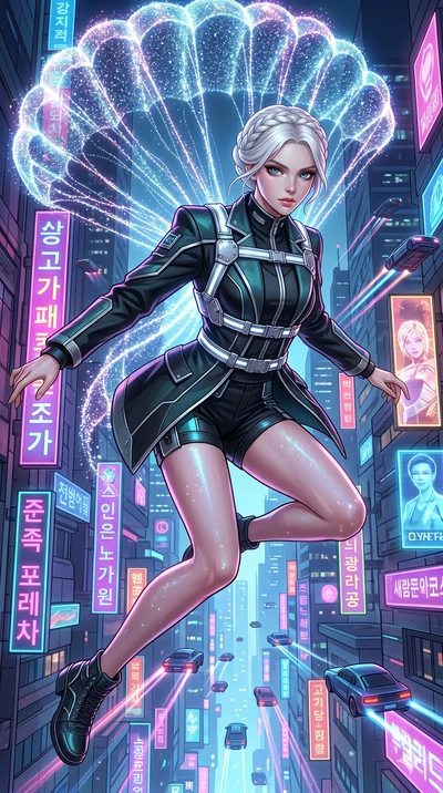 score_9, masterpiece, best quality, ultra-detailed, Set C: High-budget Anime Keyframe, Korean woman. Low angle cowboy shot filling the entire 9:16 frame with her statuesque presence. Leaping off a skyscraper with a parachute made of light particles i
