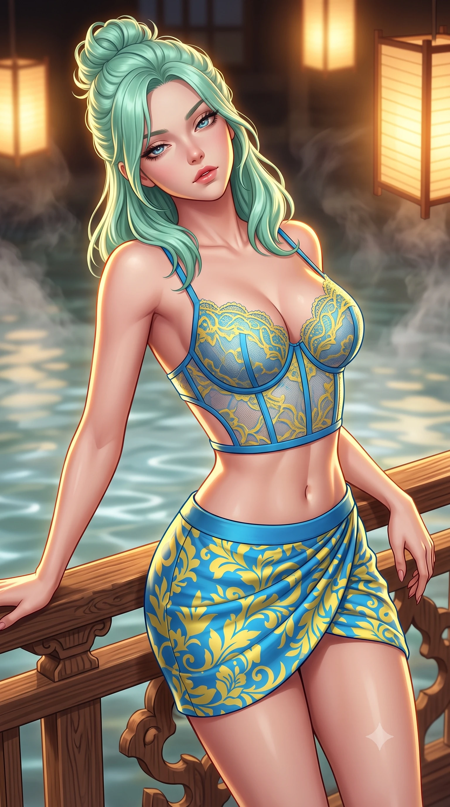 score_9, masterpiece, best quality, ultra-detailed, high-budget anime keyframe, semi-realistic 3D game render, editorial fashion photography, tasteful artistic composition, Japanese woman. close-up cowboy shot from the waist and thighs up, the character dominates the composition, filling the frame with her large presence. leaning back against the balustrade with relaxed seductive grace, head tilted back slightly while casting a hypnotic, heavy-lidded gaze while twisting her slender torso in an alluring S-curve, delicate rising pond steam and warm shoji paper lantern glows tracing her silhouette. The background shows a soft-focus gentle pond water ripples softened in avant-garde neo-traditional shallow focus. She has an exceptionally elegant, slender, and willowy female figure with an ultra-slim waist, flat toned midriff, narrow ribcage, and sculpted feminine hips creating an alluring, slim hourglass silhouette without bulk. sharp v-shaped jawline, high-bridge nose, sparkling eyes with hypnotic seductive depth, thick curled eyelashes, glossy parted lips with a natural dewy peach sheen, alluring bedroom-eyes with an enchanting coquettish smile, exuding magnetic siren charisma and sophisticated glamour, flawlessly proportioned anatomical accuracy, strict slender model proportions, natural body alignment, perfectly sculpted long slender limbs, ultra-slim waistline, clean dynamic posture without body distortion. wearing a sculpted underwire demi-bustier in semi-sheer lace paired with an ultra-short draped tulip skirt in Amalfi azure blue and sunlit lemon gold, tailored from fine structural neoprene with crisp architectural edges and smooth contouring, finished with scalloped eyelash lace trim framing her sweetheart neckline with intimate elegance, the precision-cut side openings and low-back scoop framing her graceful spine and the sensual sweep of her slim, toned hips. illuminated by lacquer floor reflection fill and sharp warm-gold rim lights sculpting her jawline, flat midriff, and voluptuous hip curves. highly saturated vibrant anime colors, detailed shading with soft gradients, rich glossy textures, high-contrast stereoscopic depth, volumetric dynamic lighting, master piece, 9:16 ratio
