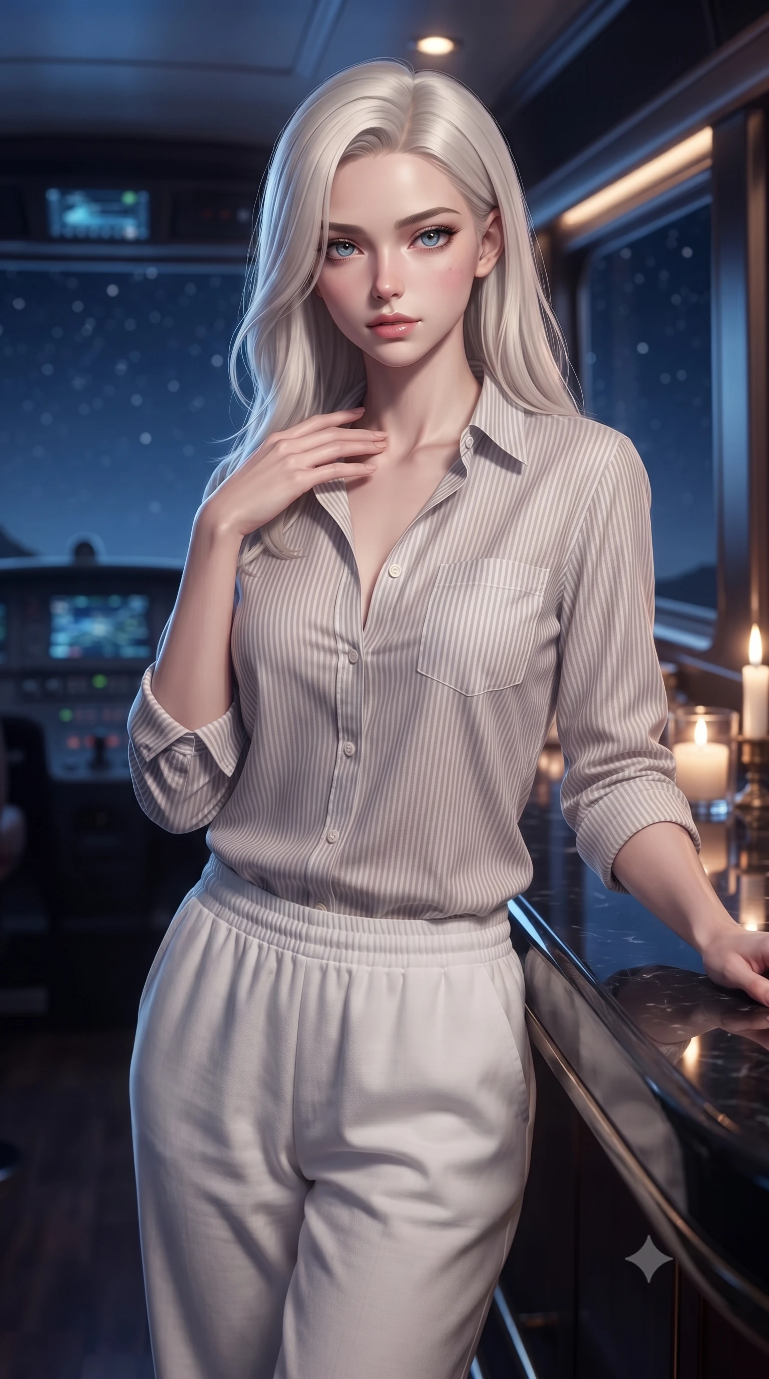 score_9, masterpiece, best quality, ultra-detailed, high-budget anime keyframe, editorial fashion photography, tasteful artistic composition, Caucasian woman. close-up cowboy shot from the waist and thighs up, the character dominates the composition, filling the frame with her large presence, background elements kept in soft focus. standing with one hand resting on her collarbone, looking at the viewer with bedroom-eyes the background shows a soft-focus a scenic train bar with a polished obsidian counter reflecting the starry night sky. She has an exceptionally elegant, slender, and willowy female figure with an ultra-slim waist, a gracefully sculpted slender torso, and a refined silhouette. sharp v-shaped jawline, high-bridge nose, intricate jewel-like eyes with depth, thick eyelashes, glossy lips with a natural sheen. wearing a slim-fit soft striped linen button-down shirt and relaxed-fit white cotton lounge pants. soft ambient blue light from the dashboard contrasting with warm candlelight. ultra-reflective glossy finish, specular highlights, metallic sheen, high-contrast stereoscopic depth, volumetric dynamic lighting, 2k, ultra detail, master piece, 9:16 ratio