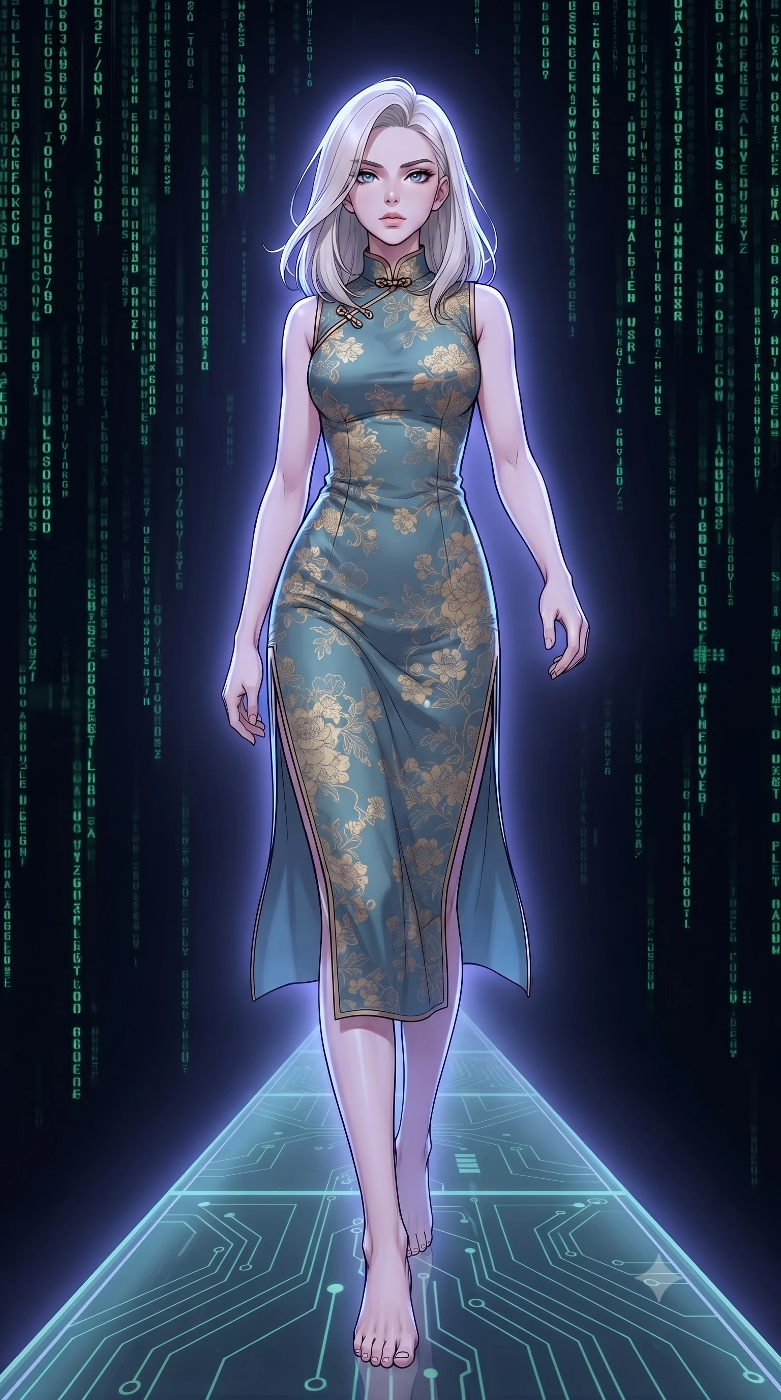 score_9, masterpiece, best quality, ultra-detailed, high-budget anime keyframe, gorgeous anime illustration, with clean line-art and distinct ink outlines, Caucasian woman, strictly human ears. low angle full-body shot from head to toe showing her feet, filling the entire 9:16 vertical frame with her statuesque presence, stretching her vertical silhouette. striding with confident determination through standing on a narrow glass pathway in a dark digital void where streams of code fall like a green waterfall all around, glowing circuit patterns tracing the glass path. She has a statuesque 8.5-heads proportion, an exceptionally tall, slender and willowy model-like build with impossibly long legs and a highly sculpted ultra-slim waist. sharp v-shaped jawline, high-bridge nose, intricate jewel-like eyes with depth, thick eyelashes, glossy lips with a natural sheen. wearing a modern fusion qipao-inspired midi dress in muted teal and gold floral print with a mandarin collar. cool ethereal blue-violet bioluminescent glow wrapping around her from all sides. 2k, ultra detail, master piece, 9:16 ratio, vibrant anime color palette, detailed cel-shading with soft gradients, rich contrast, dynamic lighting, 2d animation style