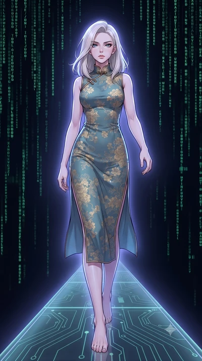 score_9, masterpiece, best quality, ultra-detailed, high-budget anime keyframe, gorgeous anime illustration, with clean line-art and distinct ink outlines, Caucasian woman, strictly human ears. low angle full-body shot from head to toe showing her fe