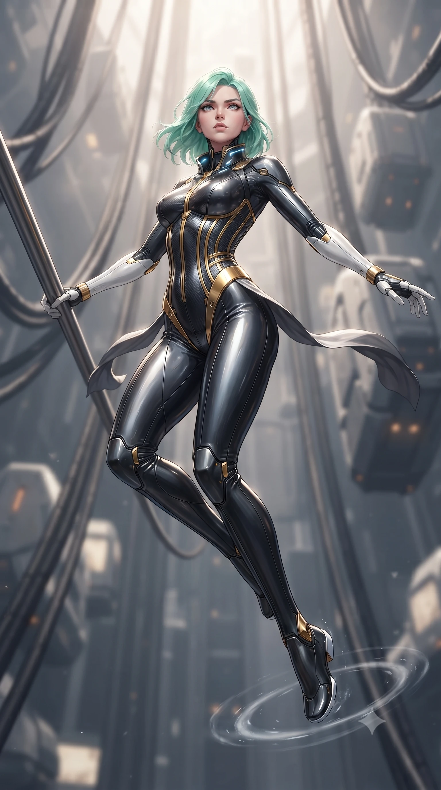 score_9, masterpiece, best quality, ultra-detailed, high-budget anime keyframe, editorial fashion photography, tasteful artistic composition, Japanese woman. low angle full-body shot from head to toe showing her feet, filling the entire 9:16 vertical frame with her statuesque presence, stretching her vertical silhouette. leaping into mid-air with an athletic yet alluring arch of her spine, driving a downward kinetic strike surrounded by a ring of displaced air while leaning against a magnetic elevator rail with sovereign composure as cosmic winds flutter her lightweight tactical sash. The composition keeps background elements in soft focus with creamy bokeh. massive space elevator cable arrays and transit pods softened in smooth atmospheric depth. She has an absolutely perfect, statuesque 8.5-heads proportion, an exceptionally tall and slender model-like female figure with impossibly long slender legs, a toned flat midriff, and an ultra-slim waist. sharp v-shaped jawline, high-bridge nose, intricate jewel-like eyes with depth, thick eyelashes, glossy lips with a natural sheen, flawlessly proportioned anatomical accuracy, strict slender model proportions, natural body alignment, perfectly sculpted long slender limbs, ultra-slim waistline, clean dynamic posture without body distortion. wearing a precision-tailored high-fashion carbon-fiber corset bodysuit with gold mechanical rib boning and kinetic shock-dampening palms in arctic white carbon composite with radiant solar gold plating, tailored from flexible second-skin carbon-mesh that clings flawlessly to her athletic curves, featuring a sleek aerodynamic collar framed by subtle glowing cybernetic status LEDs, the liquid-tight tailored fabric emphasizing every curve of her tall, slender model proportions and sculptured silhouette during dynamic movement. surrounded by an elevated, supreme, and radiantly commanding aerospace martial goddess aura. ultra-reflective glossy finish, specular highlights, dark metallic sheen, high-contrast stereoscopic depth, volumetric dynamic lighting, 2k, ultra detail, master piece, 9:16 ratio