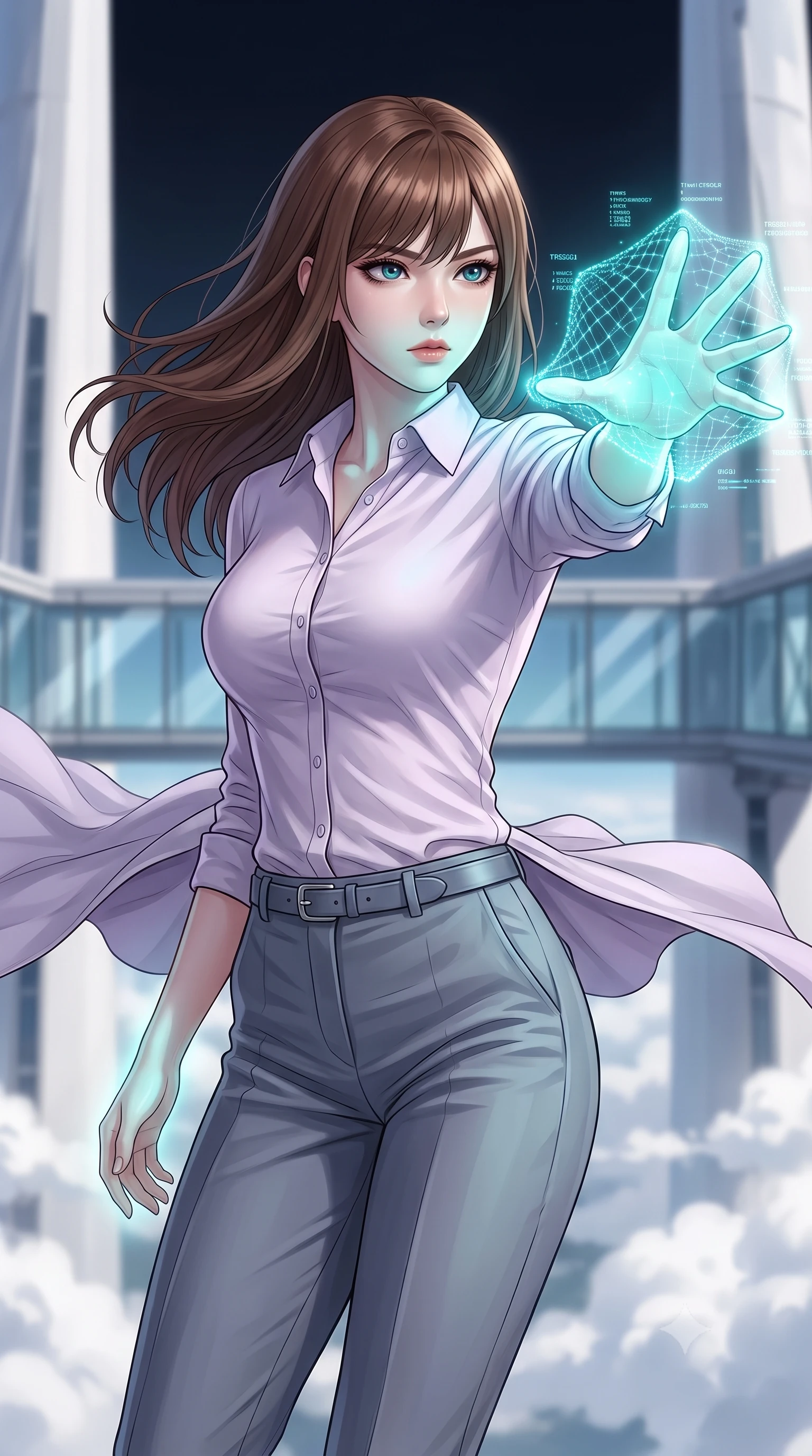 score_9, masterpiece, best quality, ultra-detailed, high-budget anime keyframe, editorial fashion photography, tasteful artistic composition, Korean woman. close-up cowboy shot from the waist and thighs up, the character dominates the composition, filling the frame with her large presence, background elements kept in soft focus. Casting a digital tracking wave with an outstretched hand, her gaze locked on the escaping target. set against a soft-focus background of a glass-walled bridge suspended between two cloud-piercing white towers, high-altitude clouds drifting at the same level. She has an exceptionally elegant and slender, willowy female figure with an ultra-slim waist, a gracefully sculpted slender torso, and a refined slim physique. sharp v-shaped jawline, high-bridge nose, intricate jewel-like eyes with depth, thick eyelashes, glossy lips with a natural sheen. wearing the lightweight fabric rippling and billowing dramatically with her movement, a body-hugging pale lilac button-down shirt paired with tailored slate grey trousers and a matching slim leather belt. highly saturated vibrant anime colors, intense vivid color palette, soft 3D volumetric shading, volumetric dynamic lighting, soft aqua bioluminescent light making her skin luminously glow against darkness. 2k, ultra detail, master piece, 9:16 ratio