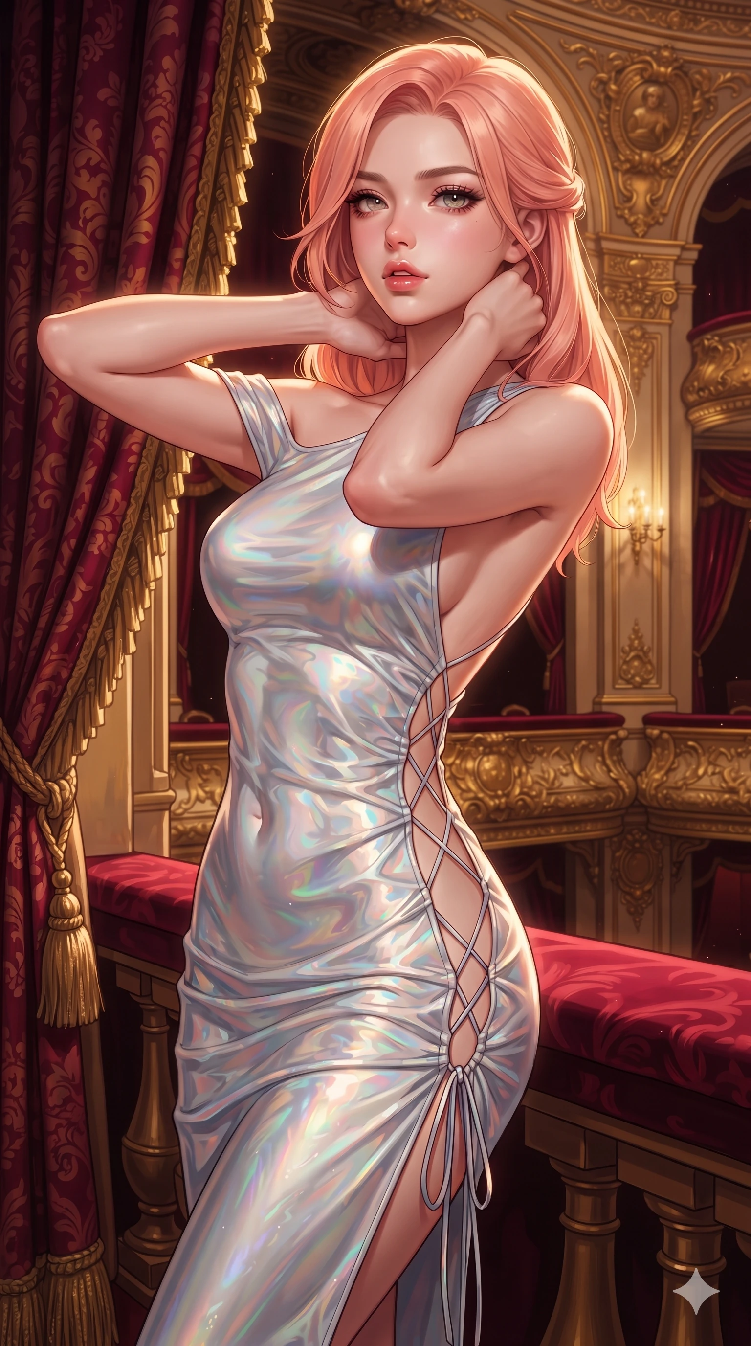score_9, masterpiece, best quality, ultra-detailed, high-budget anime keyframe, semi-realistic 3D game render, editorial fashion photography, tasteful artistic composition, Japanese woman. close-up cowboy shot from the waist and thighs up, the character dominates the composition, filling the frame with her large presence. resting both hands lightly behind her neck with elbows raised, arching her spine to highlight her narrow waist, flat midriff, and breathtaking collarbones while twisting her slender torso in an alluring S-curve beside heavy damask portieres, warm golden ambient light tracing her flat midriff and hourglass curves. The surrounding environment is rendered in vivid detail and crisp panoramic clarity: sharp crushed velvet balustrade piping, mother-of-pearl opera glass casings, and crisp gilded cartouche relief in deep focus. She has an exceptionally elegant, slender, and willowy female figure with an ultra-slim waist, flat toned midriff, narrow ribcage, and sculpted feminine hips creating an alluring, slim hourglass silhouette without bulk. sharp v-shaped jawline, high-bridge nose, intricate jewel-like eyes with depth, thick eyelashes, glossy parted lips with a natural sheen, intensely captivating and seductive bedroom-eyes expression, flawlessly proportioned anatomical accuracy, strict slender model proportions, natural body alignment, perfectly sculpted long slender limbs, ultra-slim waistline, clean dynamic posture without body distortion. wearing a form-contouring cocktail dress with an asymmetrical open shoulder and hip-defining ruching in iridescent mother-of-pearl and liquid molten silver, crafted from bespoke double-faced cashmere with an exceptionally soft tactile finish, featuring fine criss-cross lace-up side ties revealing tantalizing glimpses of her hip curve, the dramatically scooped open back descending to the base of her spine, accentuating her razor-sharp statuesque lines and slim hourglass silhouette. illuminated by gilded wood reflection bounce and sharp starlight-gold rim lights defining her jawline, narrow waist, and curvy hips. highly saturated vibrant anime colors, detailed shading with soft gradients, rich glossy textures, high-contrast stereoscopic depth, volumetric dynamic lighting, master piece, 9:16 ratio