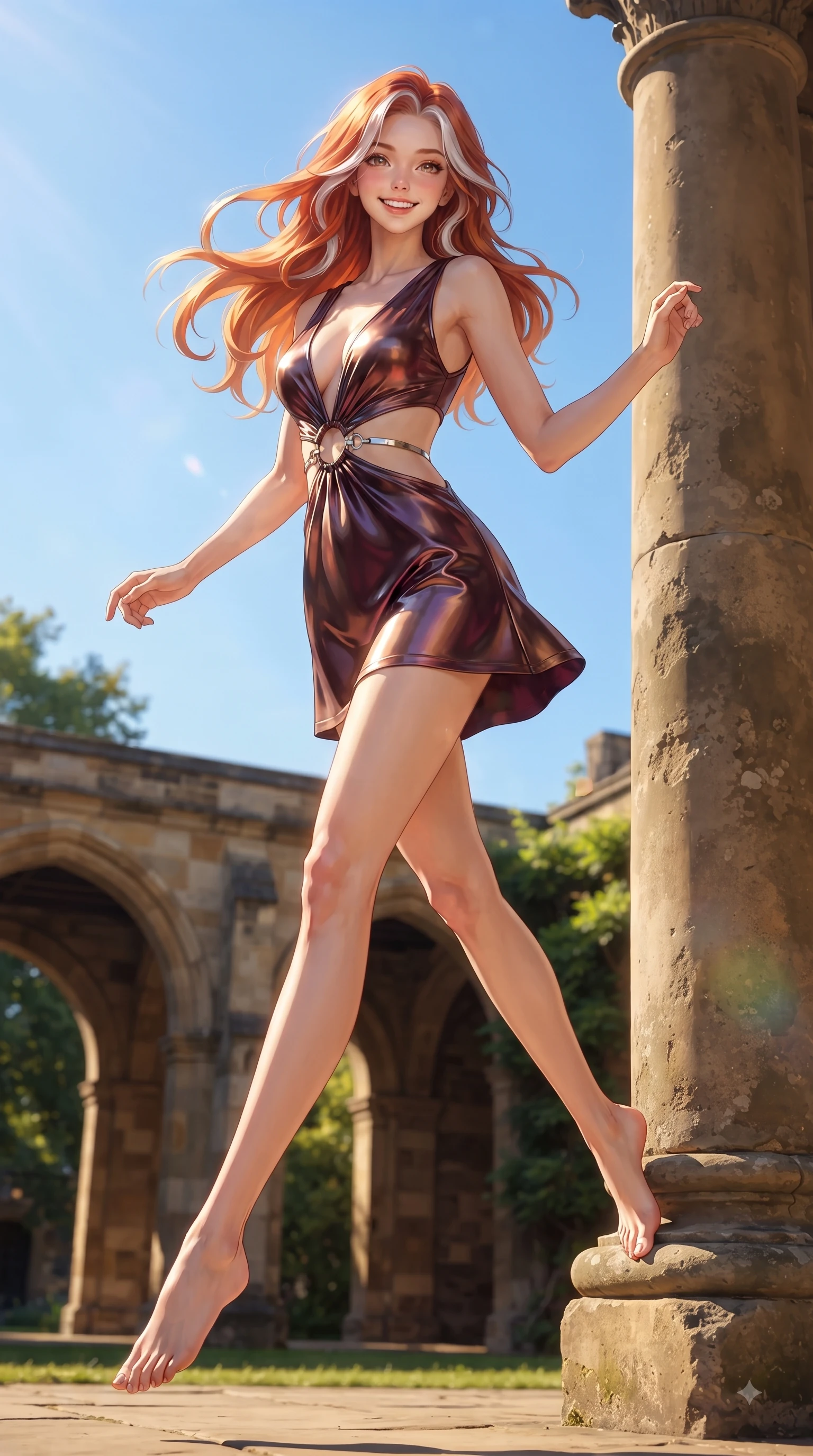 score_9, masterpiece, best quality, ultra-detailed, high-budget anime keyframe, editorial fashion photography, tasteful artistic composition, Caucasian woman. low angle full-body shot from head to toe showing her feet, filling the entire 9:16 vertical frame with her statuesque presence, stretching her vertical silhouette. leaping with pure youthful energy through mid-air with a radiant bright smile, her impossibly long slender legs stretched in balance while leaning against an antique stone pillar in a sunlit university quadrangle with sparkling eyes, warm spring breeze swaying her long hair gracefully against the blue sky backdrop. She has an absolutely perfect, statuesque 8.5-heads proportion, an exceptionally tall and slender model-like female figure with impossibly long slender legs and an ultra-slim waist. sharp v-shaped jawline, high-bridge nose, intricate jewel-like eyes with depth, thick eyelashes, glossy lips with a natural sheen, flawlessly proportioned anatomical accuracy, natural body alignment, perfectly sculpted elegant limbs, clean dynamic posture without body distortion. wearing a liquid mercury gloss mini dress with ultra-deep V-neck and waist cutouts in deep burgundy and bronze, crafted from smooth liquid silk, accented with delicate chrome ring hardware framing her waist, the glove-like fit emphasizing her statuesque silhouette during motion. illuminated by warm golden sunbursts and bright clear sky refractions. ultra-reflective glossy finish, specular highlights, metallic sheen, high-contrast stereoscopic depth, volumetric dynamic lighting, 2k, ultra detail, master piece, 9:16 ratio