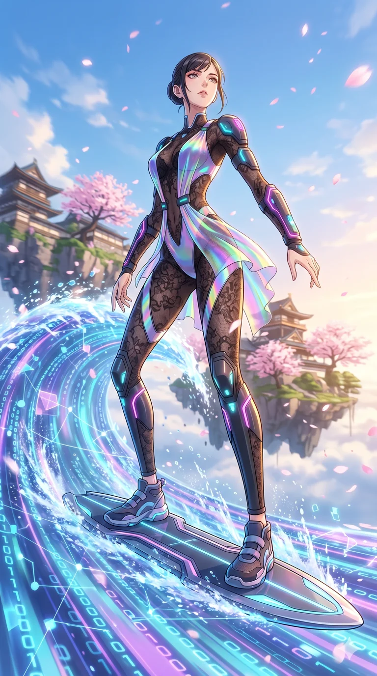 score_9, masterpiece, best quality, ultra-detailed, High-budget Anime Keyframe, vibrant colors, fluid line-art, expressive lighting, cinematic composition, Ufotable-style visual effects, top-tier animation quality, Japanese woman with delicate and elegant anime-inspired features. Low angle cowboy shot filling the entire 9:16 frame with her statuesque presence, looking up to emphasize her height. Surfing on a massive wave of pure data within a virtual world, the landscape changing rapidly as she speeds through. She has an absolutely perfect 8-heads proportion, an exceptionally tall and slender female figure with impossibly long slender legs and an ultra-slim waist, her statuesque height and towering silhouette dominating the vertical 9:16 frame. Her face is a masterpiece featuring a sharp v-shaped jawline, high-bridge nose, intricate jewel-like eyes with depth, thick eyelashes, and glossy lips with a natural sheen. She is wearing a Sheer lace catsuit with strategically placed armor plating and glowing energy nodes crafted from Holographic chiffon that changes color with every movement, creating a rainbow effect, with integrated neon-lit tactical gear and suggestive cutouts on the thighs. The scene is set in an ancient floating island with pink cherry blossoms falling like snow against a blue sky, illuminated by golden hour sunlight that gives her skin a warm, radiant glow. 2k, ultra detail, master piece, 9:16 ratio