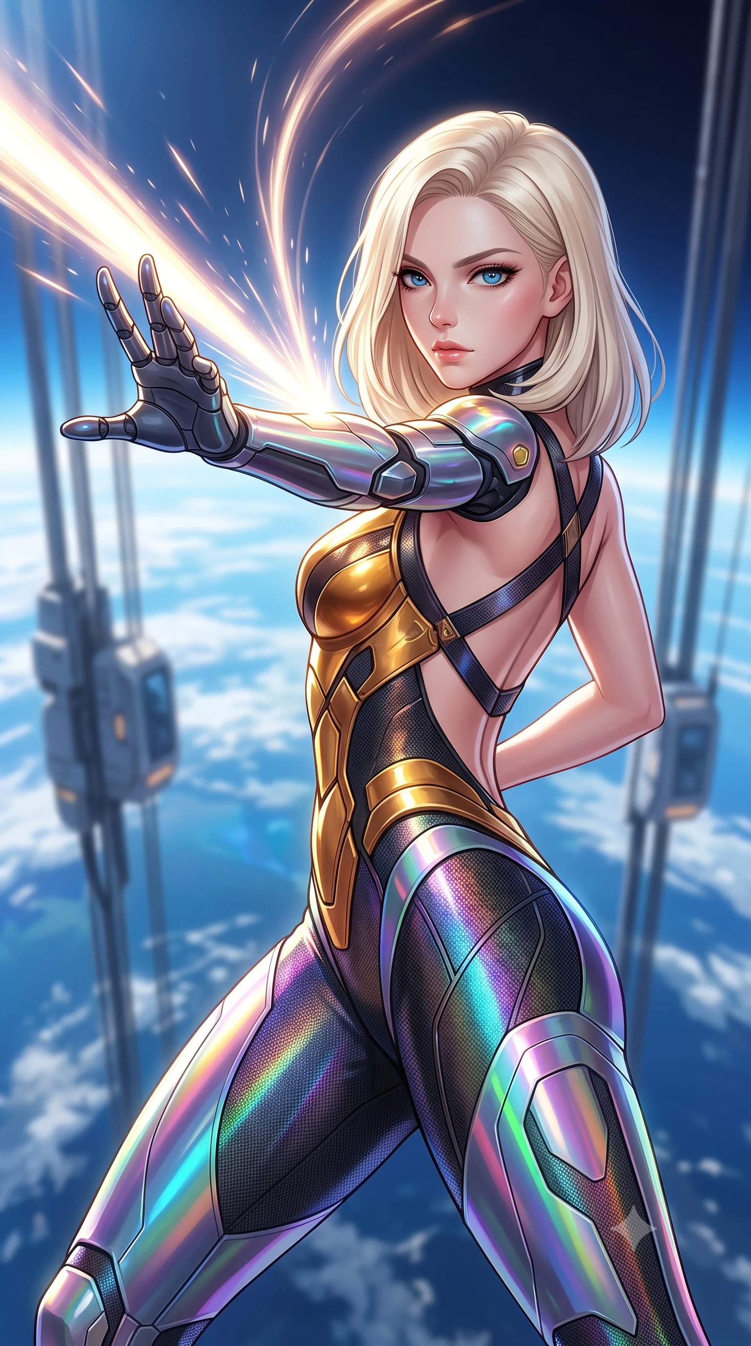 score_9, masterpiece, best quality, ultra-detailed, high-budget anime keyframe, semi-realistic 3D game render, editorial fashion photography, tasteful artistic composition, Caucasian woman. close-up cowboy shot from the waist and thighs up, the character dominates the composition, filling the frame with her large presence. in a razor-sharp Panzer Kunst fighting guard, one hand extended with palm open in fluid kinetic tension, captivating jewel-like eyes locked onto the viewer with dangerous focus while pivoting dynamically as her cybernetic arm deflects a high-velocity particle beam into the upper atmosphere. The composition keeps background elements in soft focus with creamy bokeh. massive space elevator cable arrays and transit pods softened in smooth atmospheric depth. She has an exceptionally elegant, slender, and willowy female figure with an ultra-slim waist, a gracefully sculpted slender torso, toned flat midriff, and a refined slim silhouette. sharp v-shaped jawline, high-bridge nose, intricate jewel-like eyes with depth, thick eyelashes, glossy lips with a natural sheen, flawlessly proportioned anatomical accuracy, strict slender model proportions, natural body alignment, perfectly sculpted long slender limbs, ultra-slim waistline, clean dynamic posture without body distortion. wearing a sculpted molten-gold and dark carbon cuirass paired with high-mobility combat leggings and kinetic energy channels in high-gloss iridescent rainbow carbon with prism holographic sheen, tailored from flexible second-skin carbon-mesh that clings flawlessly to her athletic curves, complemented by criss-cross back harness straps highlighting her completely bare spine, the sleek second-skin cut tightly hugging her graceful clavicle, narrow waist, and feminine curves with athletic precision. bathed in dazzling high-noon orbital sunlight and rich blue Earth ambient bounce light. rich saturated anime colors with glowing neon highlights, detailed shading with soft gradients, rich glossy textures, high-contrast stereoscopic depth, volumetric dynamic lighting, master piece, 9:16 ratio