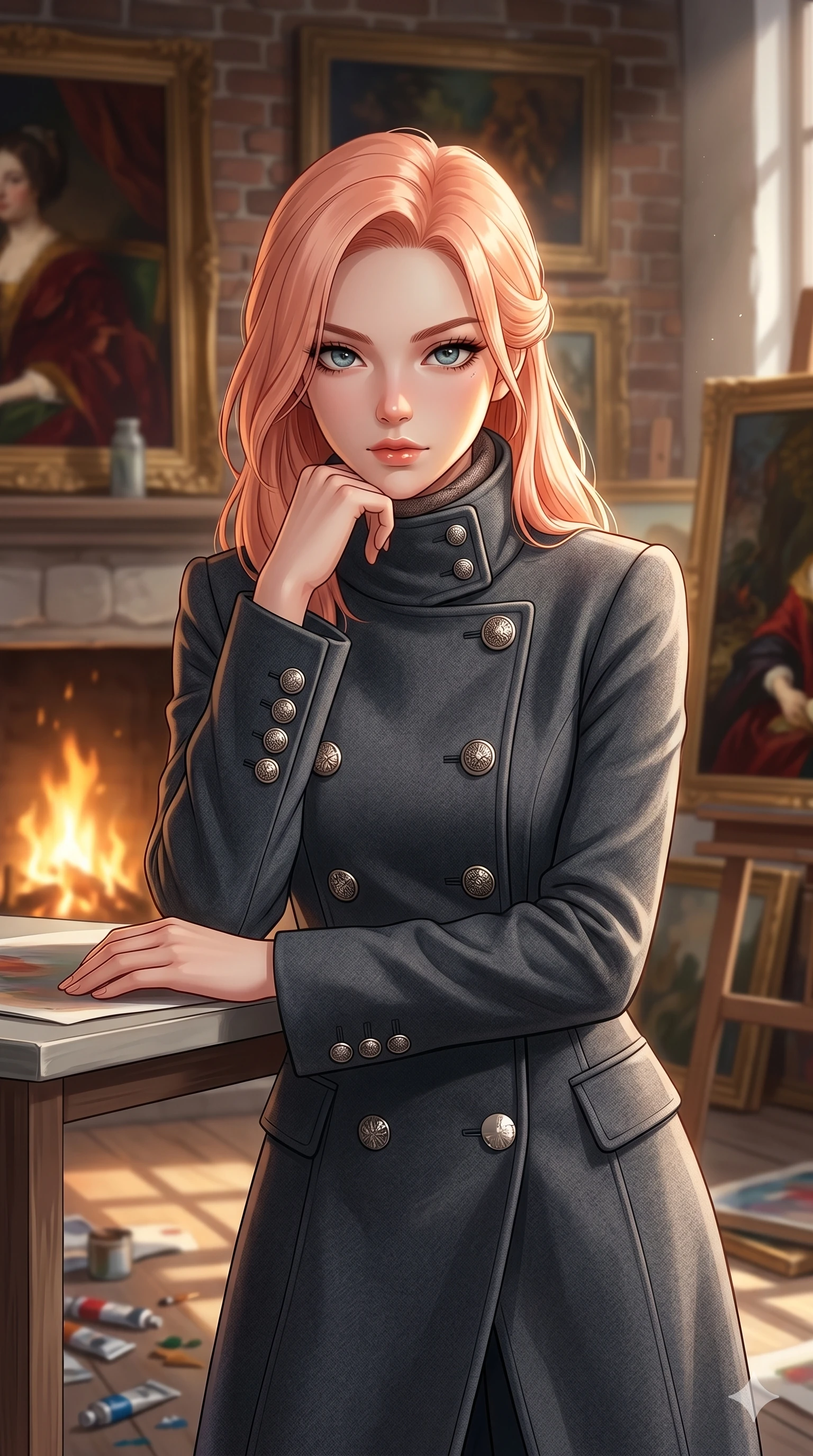 score_9, masterpiece, best quality, ultra-detailed, high-budget anime keyframe, editorial fashion photography, tasteful artistic composition, Japanese woman. cowboy shot from the thighs up, character and outfit filling the frame for maximum editorial presence. resting her chin on her hand, looking directly at the camera with a confident, piercing gaze inside a quiet, sun-washed art studio with oil canvases (Code-P17-060). She has an absolutely perfect 8-heads proportion, an exceptionally tall and slender female figure with impossibly long slender legs and an ultra-slim waist. V-shaped jawline, high-bridge nose, intricate jewel-like eyes with depth, thick eyelashes, glossy lips with a natural sheen. wearing a structured high-neck coat with silver buttons. warm amber firelight casting dancing shadows and a soft golden glow over her features. 2k, ultra detail, master piece, 9:16 ratio