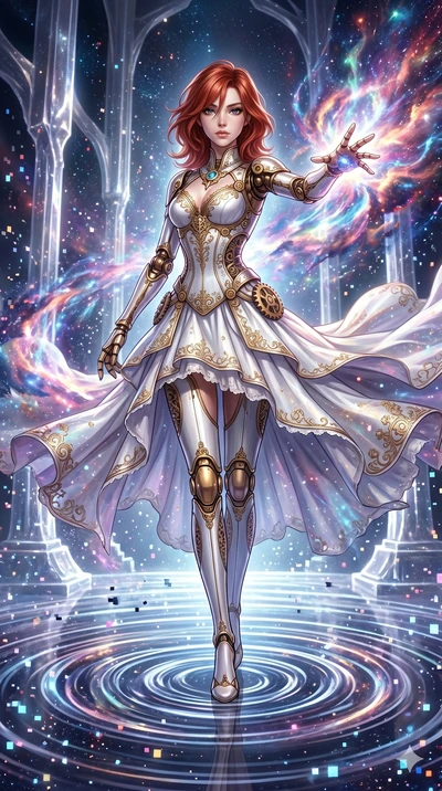score_9, masterpiece, best quality, ultra-detailed, Set A: High-budget Anime Keyframe, Caucasian (human ears) woman. Low angle cowboy shot filling the entire 9:16 frame with her statuesque presence. Theme: Abstract Cosmic. unleashing a massive energy