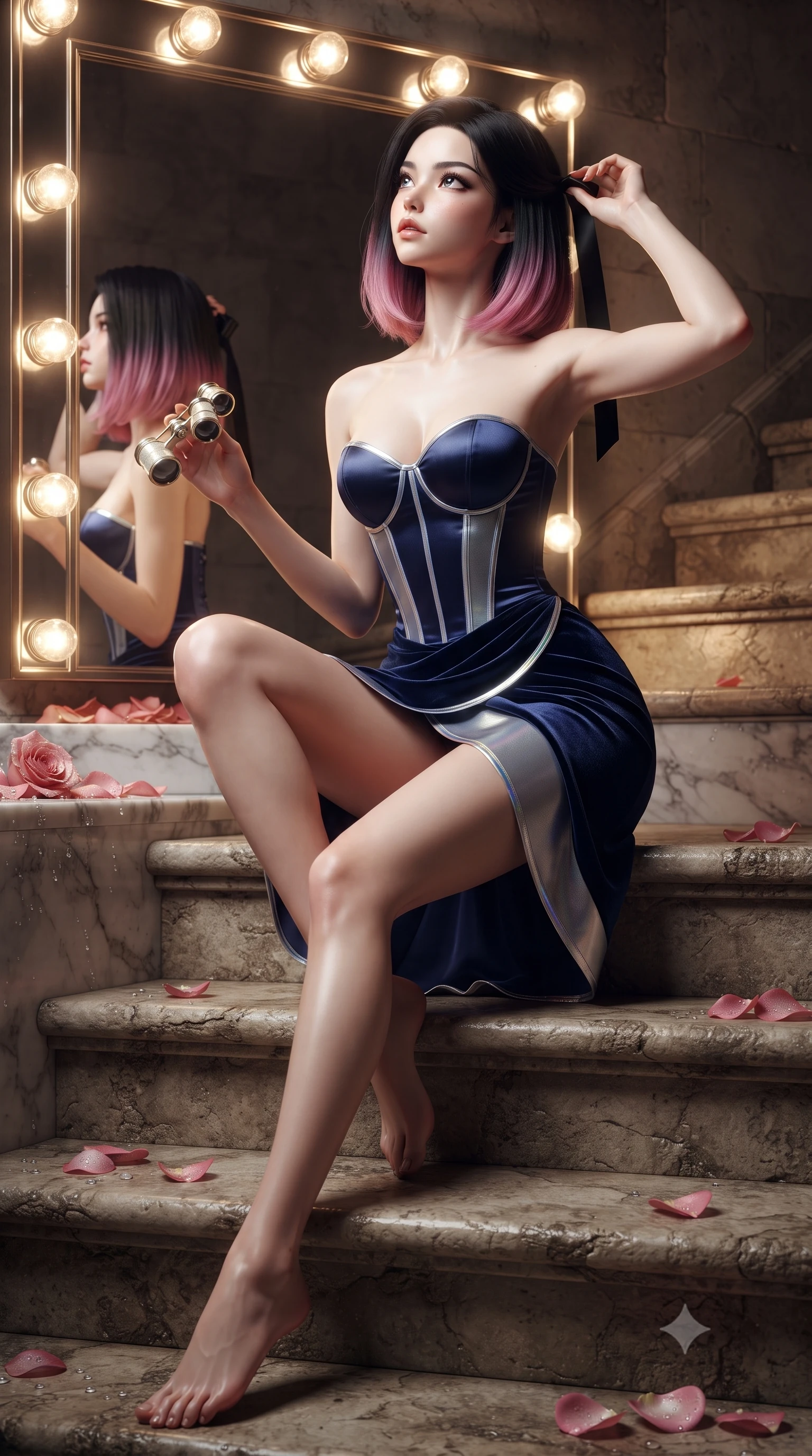 score_9, masterpiece, best quality, ultra-detailed, high-budget anime keyframe, editorial fashion photography, tasteful artistic composition, Korean woman. low angle full-body shot from head to toe showing her feet, filling the entire 9:16 vertical frame with her statuesque presence, stretching her vertical silhouette. sitting poised on the stone steps with one knee bent, arching her spine with supermodel elegance as she glances upward through thick eyelashes while twisting her slender torso in an alluring contrapposto stance before the glowing mirror bulbs, adjusting a ribbon with smoldering eyes. The surrounding environment is rendered in vivid detail and crisp panoramic clarity: sharp glass mirror reflection clarity, incandescent bulb filament glow, and fresh rose petal water droplets in deep focus. She has an absolutely perfect, statuesque 8.5-heads proportion, an exceptionally tall and slender model-like female figure with impossibly long slender legs, an ultra-slim waist, a flat toned midriff, narrow delicate ribcage, and beautifully sculpted feminine hips creating a graceful, slim hourglass silhouette without any bulky heaviness. sharp v-shaped jawline, high-bridge nose, sparkling eyes with hypnotic seductive depth, thick curled eyelashes, glossy parted lips with a natural dewy peach sheen, alluring bedroom-eyes with an enchanting coquettish smile, exuding magnetic siren charisma and sophisticated glamour, flawlessly proportioned anatomical accuracy, strict slender model proportions, natural body alignment, perfectly sculpted long slender limbs, ultra-slim waistline, clean dynamic posture without body distortion. wearing a strapless boned satin corset bodice paired with a draped tulip ballet wrap skirt framing her hourglass curves in deep sapphire navy and metallic silver with holographic trims, tailored from ultra-plush velvet with rich tactile depth and deep shadow gradients, accented with an antique mother-of-pearl opera glass held casually in one hand, the liquid-tight tailored fabric clinging flawlessly to her narrow waist and rounded feminine hips, emphasizing every millimeter of her sculpted slim hourglass curves without any bulky heaviness. illuminated by marble vanity bounce and sharp platinum-gold rim lights sculpting her jawline, ultra-slim waist, and curvy hips. ultra-reflective glossy finish, specular highlights, rich textural contrasts, high-contrast stereoscopic depth, volumetric dynamic lighting, 2k, ultra detail, master piece, 9:16 ratio