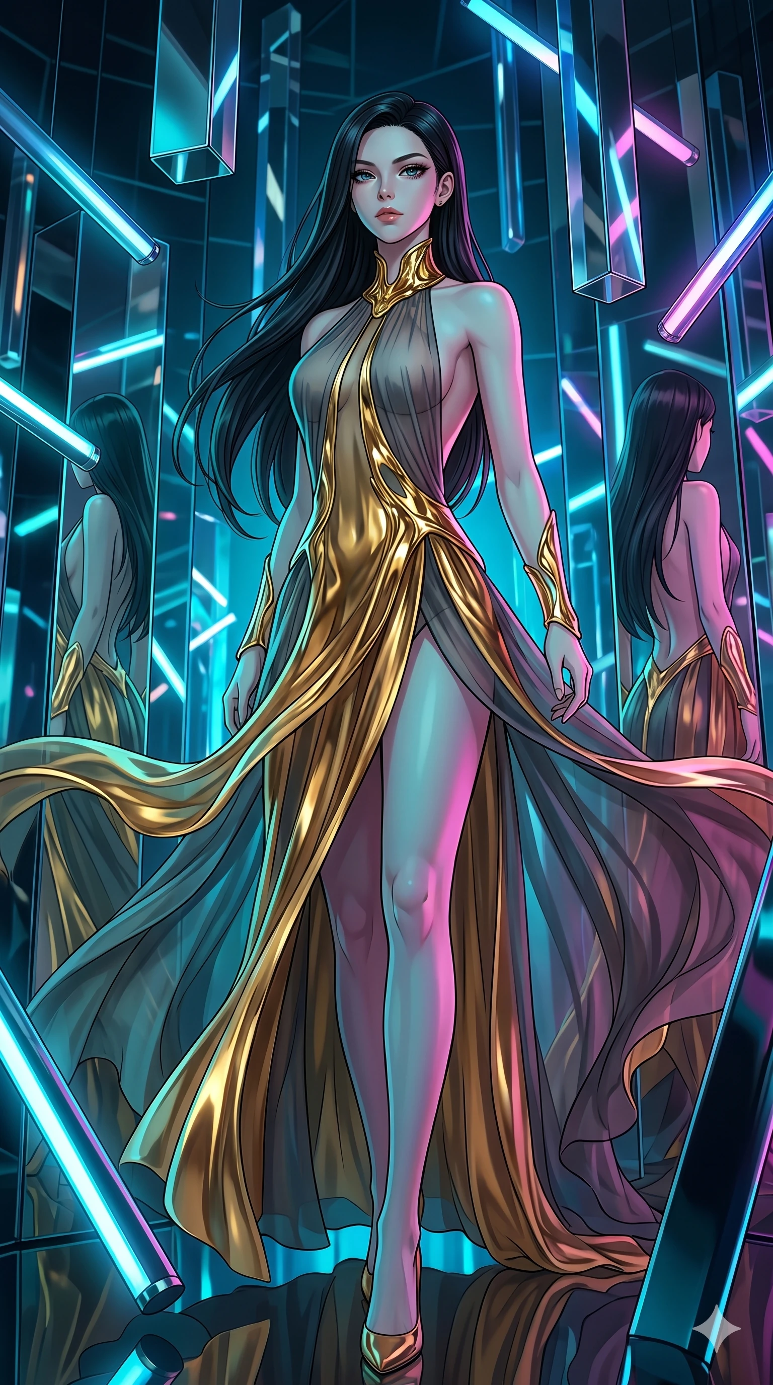 score_9, masterpiece, best quality, ultra-detailed, high-budget anime keyframe, Caucasian woman, strictly human ears. low angle full-body shot filling the entire 9:16 frame with her statuesque presence, stretching the vertical silhouette. navigating a kinetic light-sculpture mirror maze, passing between floating chromium mirror pillars and rotating LED sticks. She has an absolutely perfect 8-heads proportion, an exceptionally tall and slender female figure with impossibly long slender legs and an ultra-slim waist. V-shaped jawline, high-bridge nose, intricate jewel-like eyes with depth, thick eyelashes, glossy lips with a natural sheen.. wearing a molten gold and chiffon gown, featuring organic liquid gold collar and cuffs on a translucent charcoal-gray halter neck chiffon gown with a deep backless design. accented by dynamic color-blocked lighting with high-contrast shadows emphasizing her statuesque height. 2k, ultra detail, master piece, 9:16 ratio