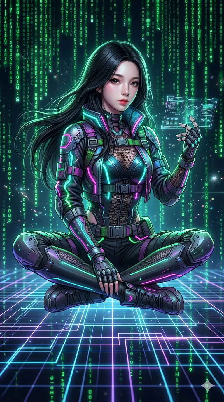 score_9, score_8_up, score_7_up, source_anime, masterpiece, best quality, ultra-detailed, same character with long flowing black hair, wearing a neon-colored hacker outfit with multiple belts and straps, full body shot sitting cross-legged floating in a virtual reality cyberspace, abstract digital grid floor, glowing green code rain falling around her, 2k, 9:16 ratio