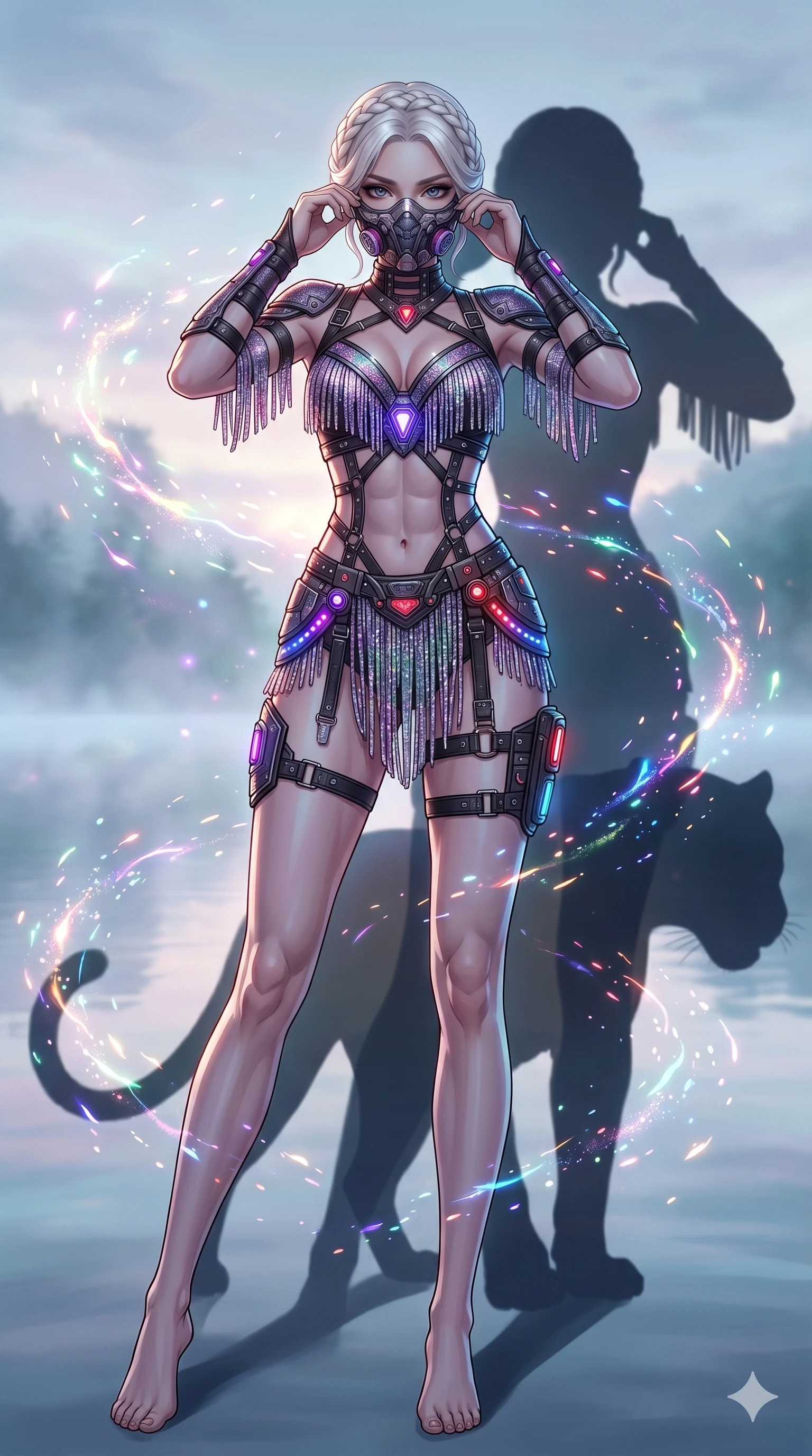 score_9, masterpiece, best quality, ultra-detailed, Set A: High-budget Anime Keyframe, Japanese woman. Low angle cowboy shot filling the entire 9:16 frame with her statuesque presence. Adjusting a mask through a misty lakeside at dawn, while her shadow mimics the movements of a predator 265 and surrounded by glowing energy sparks. She has an absolutely perfect 8-heads proportion, an exceptionally tall and slender female figure with impossibly long slender legs and an ultra-slim waist. Sharp v-shaped jawline, high-bridge nose, intricate jewel-like eyes with depth, thick eyelashes, glossy lips with a natural sheen. Wearing Cyberpunk idol stage outfit with glittery fringes, leather straps, and glowing LED accents. Cinematic lighting, vibrant colors, dramatic shadows, 2k, ultra detail, master piece, 9:16 ratio