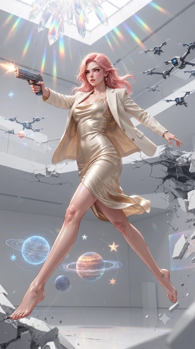 score_9, masterpiece, best quality, ultra-detailed, high-budget anime keyframe, editorial fashion photography, tasteful artistic composition, realistic cosplay photography, Japanese woman. low angle full-body shot from head to toe showing her feet, f