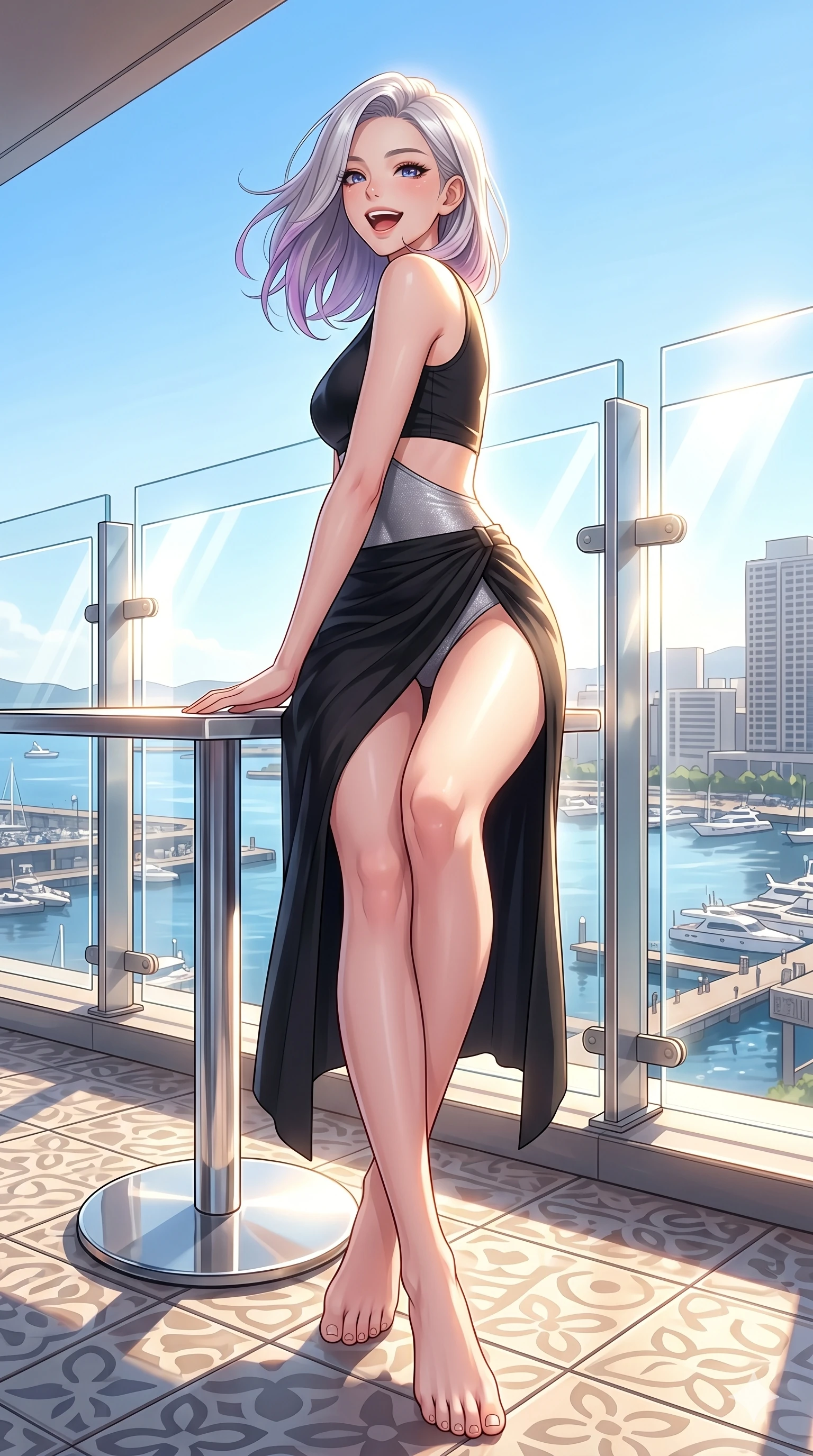score_9, masterpiece, best quality, ultra-detailed, high-budget anime keyframe, vibrant anime aesthetic, Caucasian woman, strictly human ears. low angle full-body shot from head to toe showing her feet, filling the entire 9:16 vertical frame with her statuesque presence, stretching her vertical silhouette. She is sitting on a cafe terrace, looking over her shoulder with a cheerful laugh on a private hotel balcony overlooking a sunny city harbor (Code-P20-050). She has an absolutely perfect 8-heads proportion, an exceptionally tall and slender female figure with impossibly long slender legs and an ultra-slim waist. V-shaped jawline, high-bridge nose, intricate jewel-like eyes with depth, thick eyelashes, glossy lips with a natural sheen. wearing a bodycon swimsuit with a high-slit wrap and exposed midriff. She is bathed in bright morning sun reflecting off the glass panels, creating a glowing aura. 2k, ultra detail, master piece, 9:16 ratio