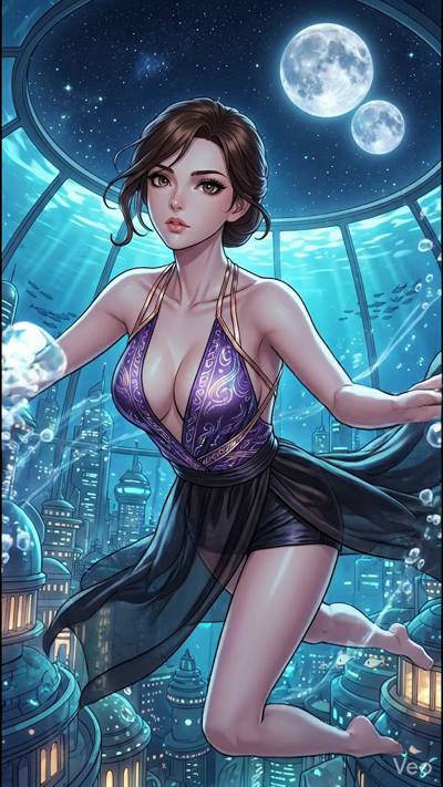 Cinematic 8-second video. The woman racefully swims or floats throuh a futuristic underwater city. Bubbles rise slowly past the camera. Her purple silk dress flows like water. Throuh the lass dome above, two iant moons shine in the starry niht sky. F