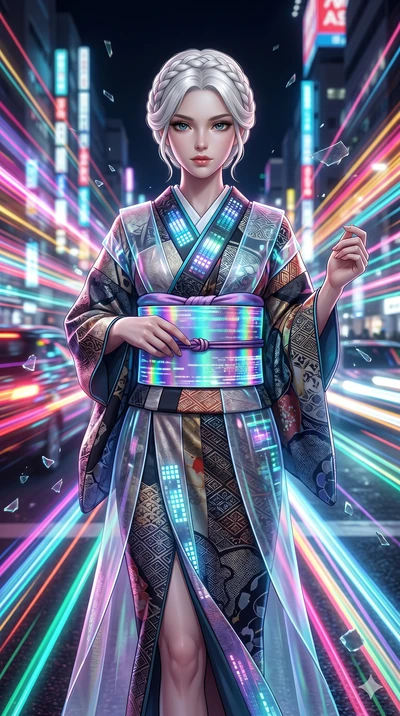 score_9, masterpiece, best quality, ultra-detailed, Set A: Photorealistic 8k CG, Japanese woman. Upper body close-up from the thighs up, character filling the screen for maximum presence. Standing in the middle of a busy intersection as time freezes 