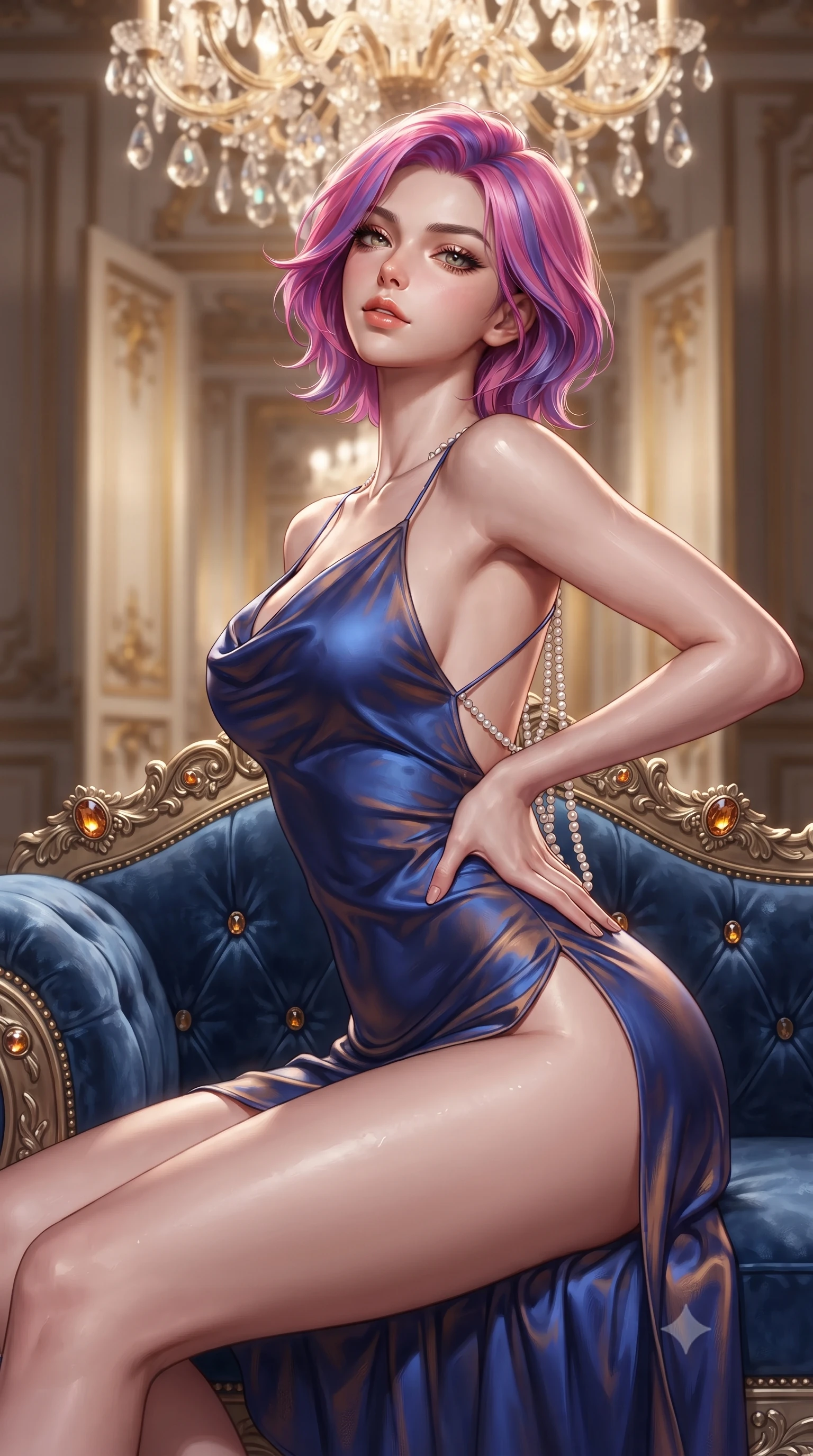 score_9, masterpiece, best quality, ultra-detailed, high-budget anime keyframe, editorial fashion photography, tasteful artistic composition, Caucasian woman. close-up cowboy shot from the waist and thighs up, the character dominates the composition, filling the frame with her large presence. tilting her chin up with proud, sovereign allure while gazing through thick eyelashes, one hand resting on her waist in pure supermodel charisma while reclining languidly on an antique Russian court settee, her slender waist and feminine curves framed by glowing amber gemstones and gold filigree. The composition keeps background elements in soft focus with creamy bokeh. distant gilded palace doorways in an infinite enfilade softened in opulent imperial shallow focus. She has an exceptionally elegant, slender, and willowy female figure with an ultra-slim waist, flat toned midriff, narrow ribcage, and sculpted feminine hips creating an alluring, slim hourglass silhouette without bulk. sharp v-shaped jawline, high-bridge nose, intricate jewel-like eyes with depth, thick eyelashes, glossy parted lips with a natural sheen, intensely captivating and seductive bedroom-eyes expression, flawlessly proportioned anatomical accuracy, strict slender model proportions, natural body alignment, perfectly sculpted long slender limbs, ultra-slim waistline, clean dynamic posture without body distortion. wearing a backless cowl-neck satin slip dress featuring high-cut side hip slits and delicate criss-cross back straps in royal sapphire blue and liquid bronze, woven from layered gossamer chiffon with a weightless sweeping drape, accented with a multi-strand pearl back necklace cascading down her bare spine to her hips, the second-skin form-contouring cut accentuating her sculpted flat midriff, narrow delicate ribcage, and gracefully curvy hips with supermodel precision. illuminated by crystal chandelier specular highlights accentuating her graceful neck, narrow waist, and curvy hips. ultra-reflective glossy finish, specular highlights, rich textural contrasts, high-contrast stereoscopic depth, volumetric dynamic lighting, 2k, ultra detail, master piece, 9:16 ratio