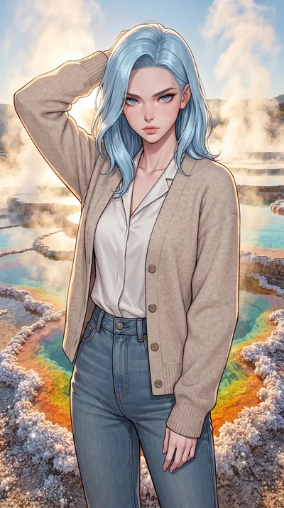 score_9, masterpiece, best quality, ultra-detailed, high-budget anime keyframe, gorgeous anime illustration, with clean line-art and distinct ink outlines, Korean woman. close-up cowboy shot from the waist and thighs up, the character dominates the c
