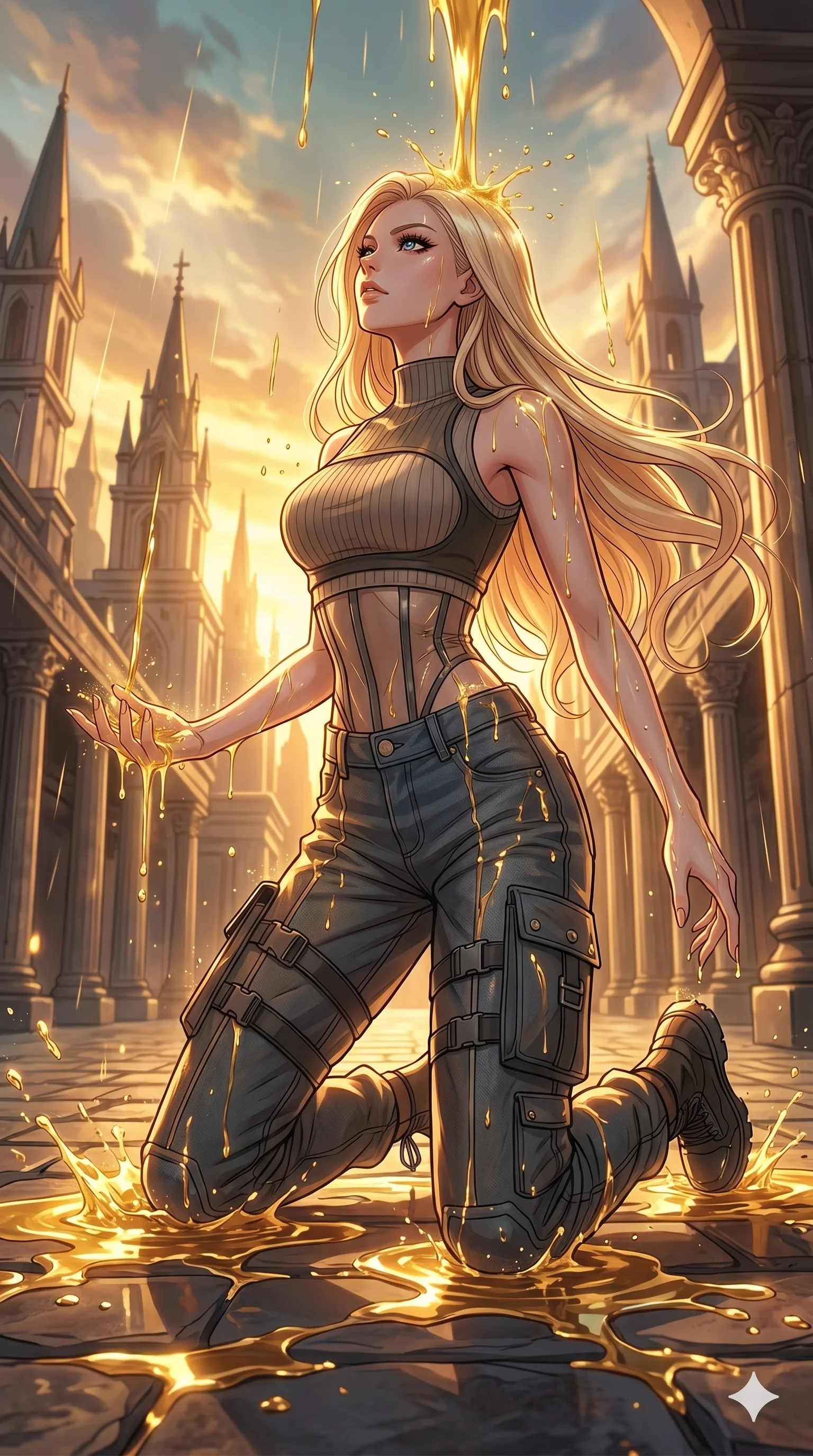 score_9, masterpiece, best quality, ultra-detailed, high-budget anime movie keyframe, cinematic anime lighting, intricate line art, Japanese anime girl. Dynamic full-body shot stretching the vertical silhouette with extreme perspective. kneeling in a rain of liquid gold as a kingdom is restored. She has an absolutely perfect 8-heads proportion, an exceptionally tall and slender female figure with an ultra-slim waist and impossibly long slender legs. strictly human anatomy, two legs only, no extra limbs, clearly defined legs and arms, perfect anatomy, perfect hands and fingers. sharp v-shaped jawline, high-bridge nose, intricate jewel-like eyes, thick eyelashes, glossy lips. Wearing Urban Trendsetter: Ribbed bodycon dress, crop top with high-waist denim, and sheer corset with cargo pants. The scene is illuminated by dramatic atmospheric lighting and vibrant color palettes. , 2k, ultra detail, master piece, 9:16 ratio