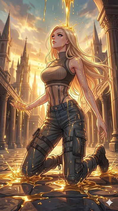 score_9, masterpiece, best quality, ultra-detailed, high-budget anime movie keyframe, cinematic anime lighting, intricate line art, Japanese anime girl. Dynamic full-body shot stretching the vertical silhouette with extreme perspective. kneeling in a