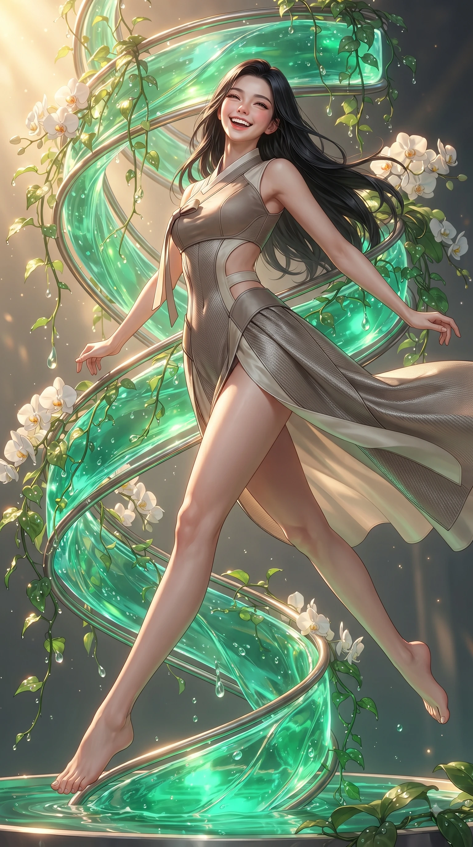 score_9, masterpiece, best quality, ultra-detailed, high-budget anime keyframe, editorial fashion photography, tasteful artistic composition, Korean woman. low angle full-body shot from head to toe showing her feet, filling the entire 9:16 vertical frame with her statuesque presence, stretching her vertical silhouette. leaping with pure joy through mid-air with a radiant bright smile, her impossibly long slender legs stretched in perfect balance while pivoting dynamically beside a hydro-flow spiral fountain flowing with bright emerald sap, dewdrops on lush green vines and white orchids reflecting radiant gold and emerald. She has an absolutely perfect, statuesque 8.5-heads proportion, an exceptionally tall and slender model-like female figure with impossibly long slender legs and an ultra-slim waist. sharp v-shaped jawline, high-bridge nose, intricate jewel-like eyes with depth, thick eyelashes, glossy lips with a natural sheen, flawlessly proportioned anatomical accuracy, natural body alignment, perfectly sculpted elegant limbs, clean dynamic posture without body distortion. wearing a modern fusion silk hanbok dress with a structured bodice and flowing skirt in muted taupe and soft ivory, made of fine carbon-fiber weave and soft matte leather, featuring clean architectural cutouts along her slender torso, the form-contouring material highlighting her ultra-slim waist and long lines. bathed in warm golden sunlight and bright emerald bioluminescent glow. ultra-reflective glossy finish, specular highlights, metallic sheen, high-contrast stereoscopic depth, volumetric dynamic lighting, 2k, ultra detail, master piece, 9:16 ratio